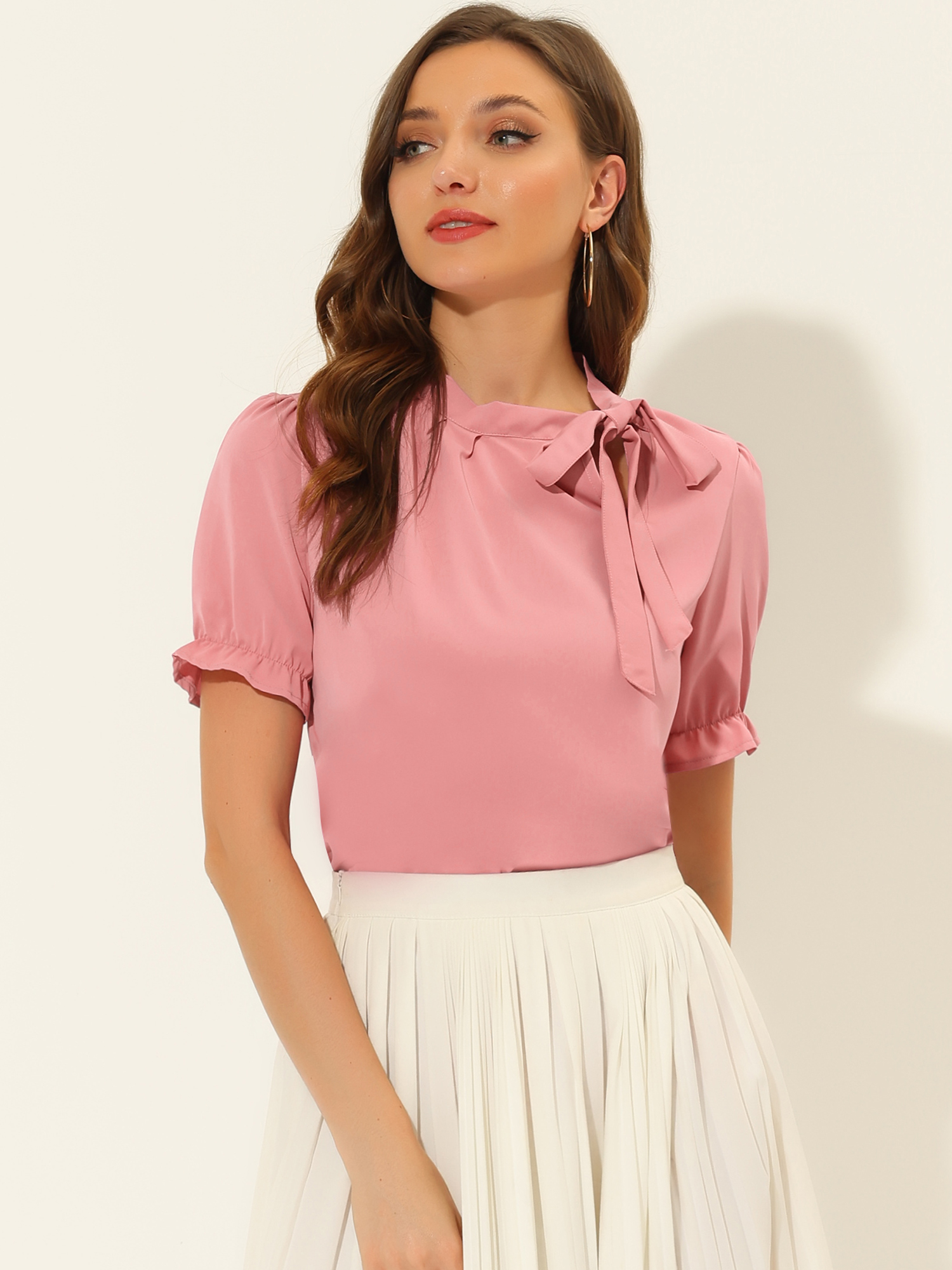 Bow Tie Neck Tops Elegant Office Short Sleeve Blouse Coral Pink/S