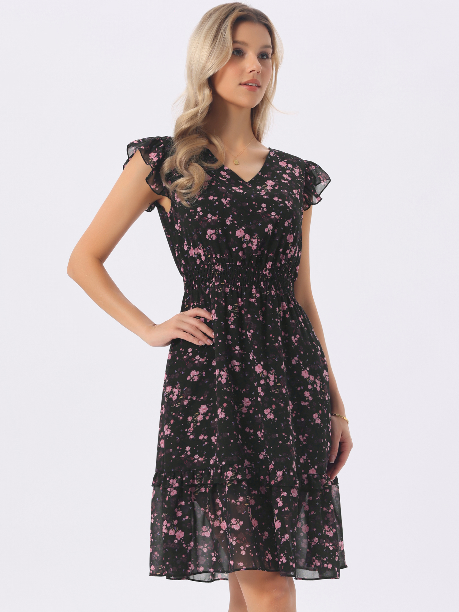 Floral Flutter Sleeve V Neck Smocked Ruffle Dress Black Pink Flower/S