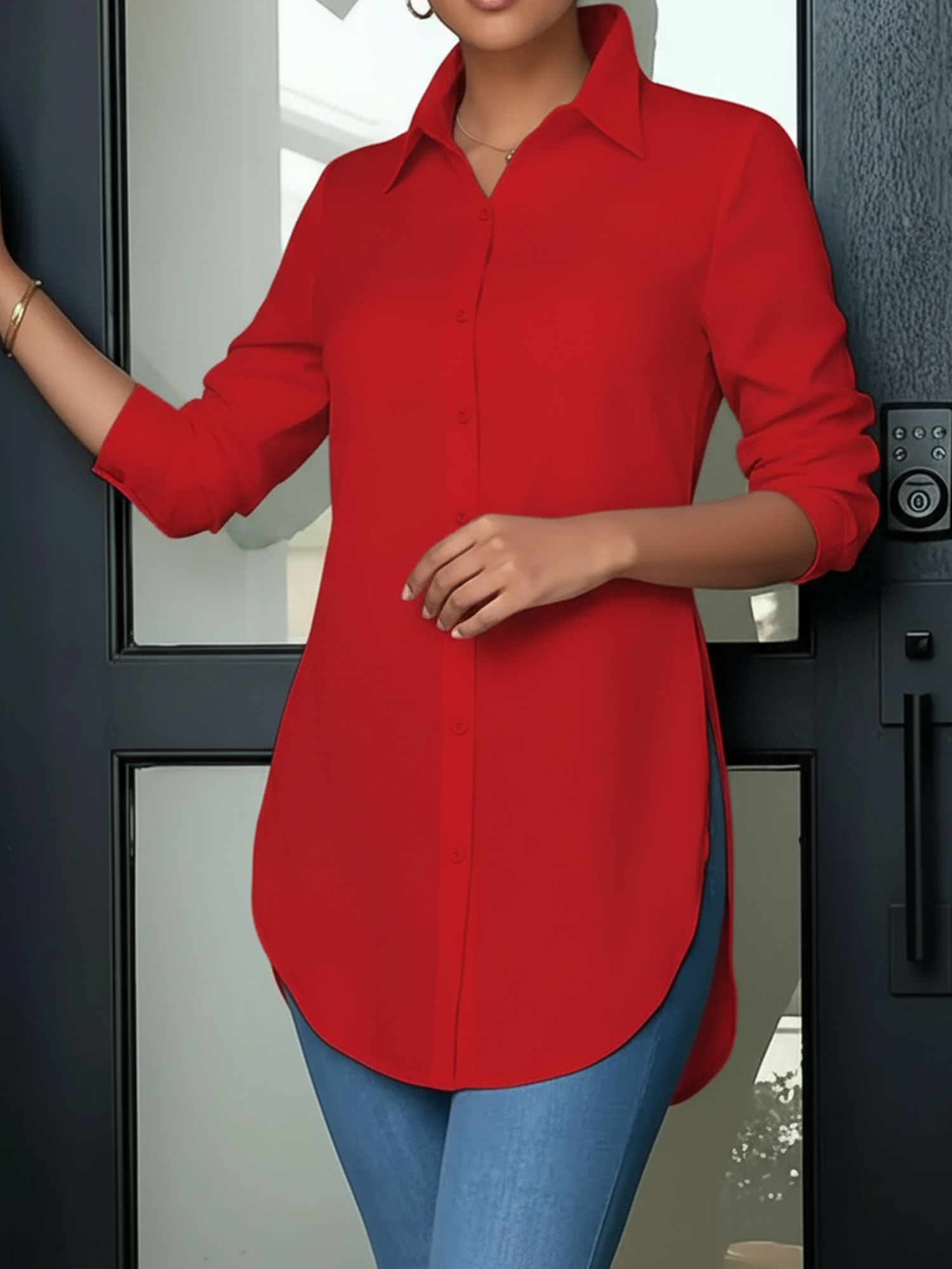 Collared Long Sleeves Solid Color Side Slit Shirt Red/XL