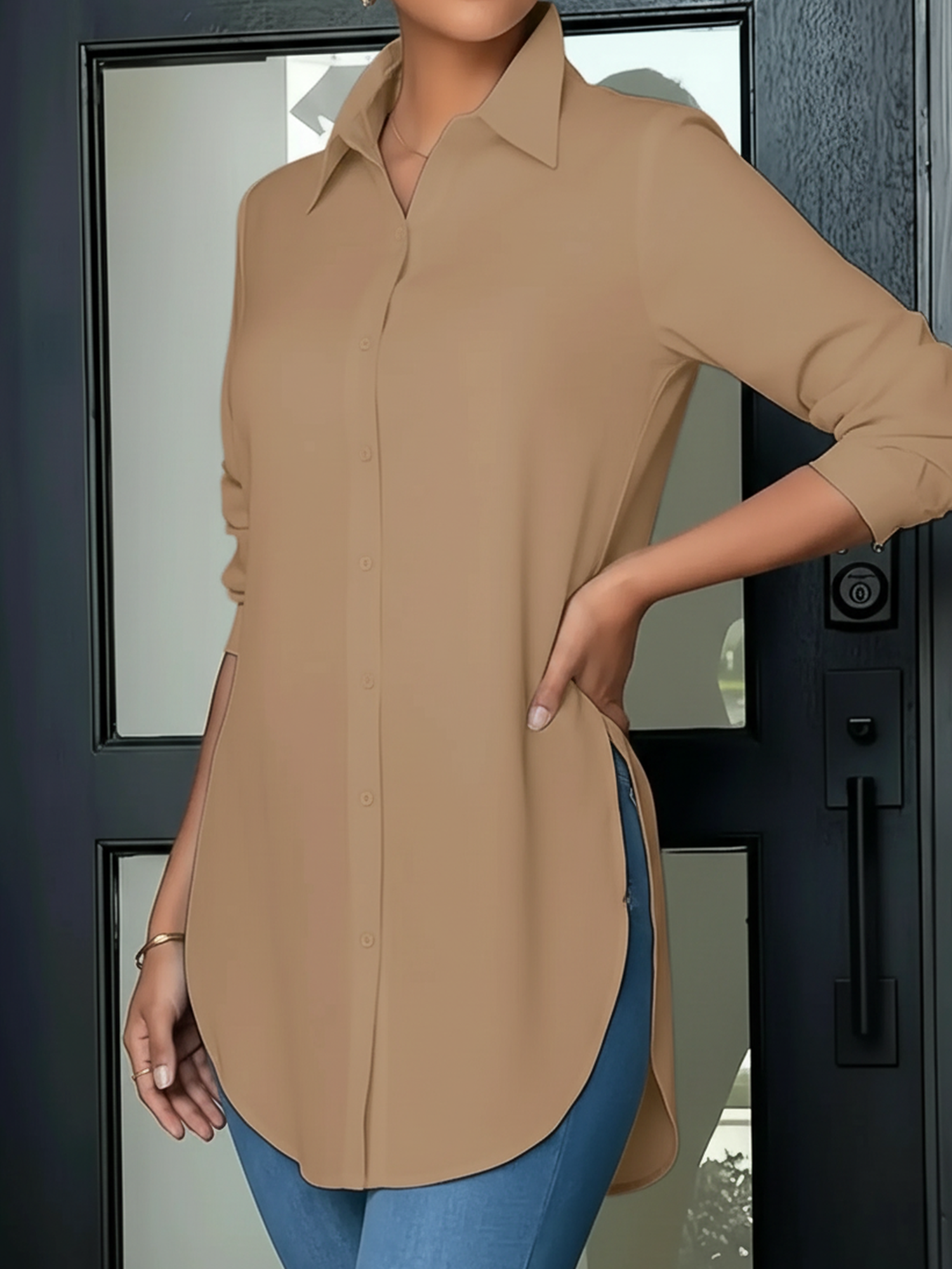 Collared Long Sleeves Solid Color Side Slit Shirt Brown/XL