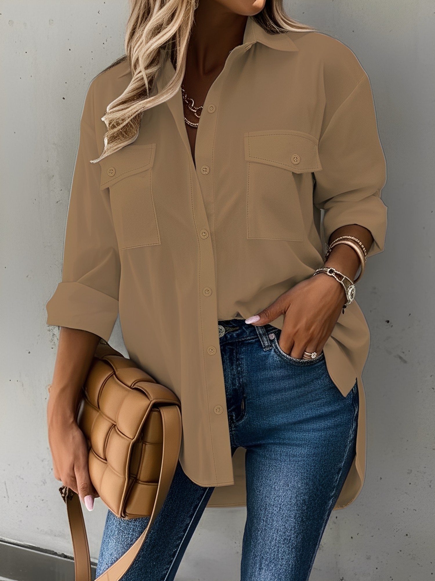 Versatile Long Sleeve Collared Pockets Side Slit Shirt Brown/L