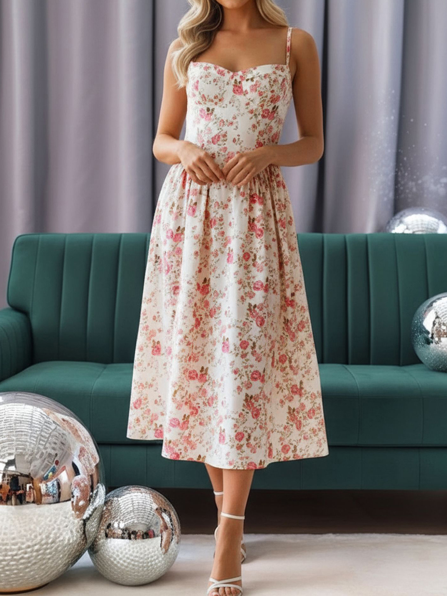 Vintage Spaghetti Strap Floral/Plaid Swing Dress Red/XS