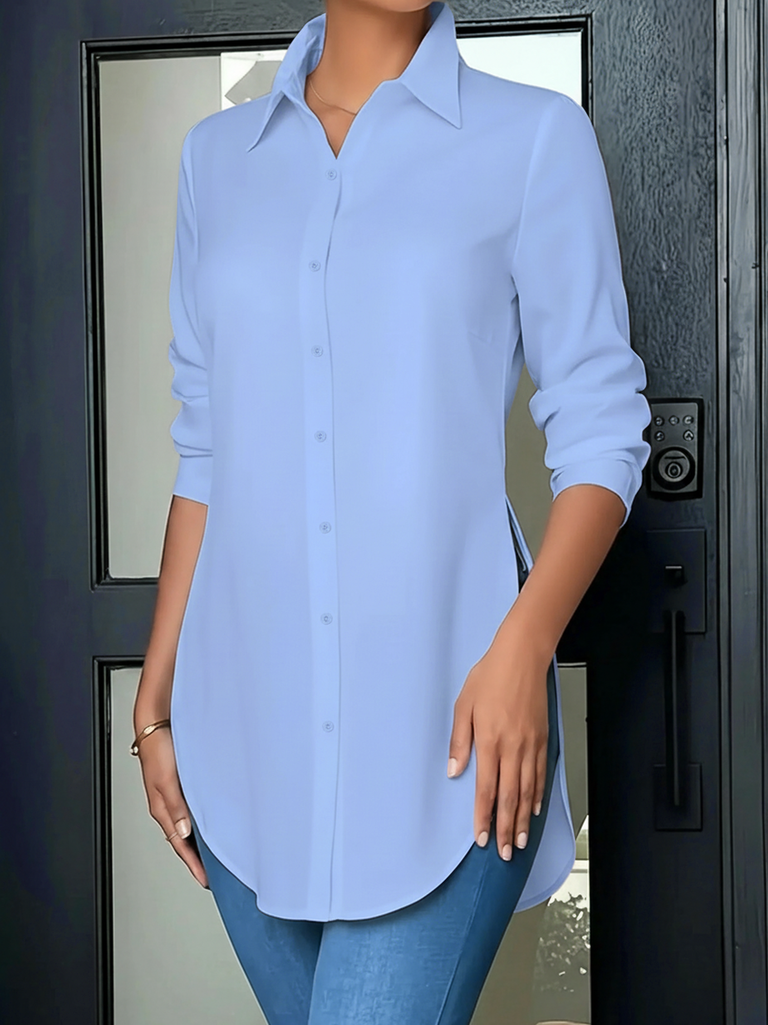 Collared Long Sleeves Solid Color Side Slit Shirt Light Blue/S