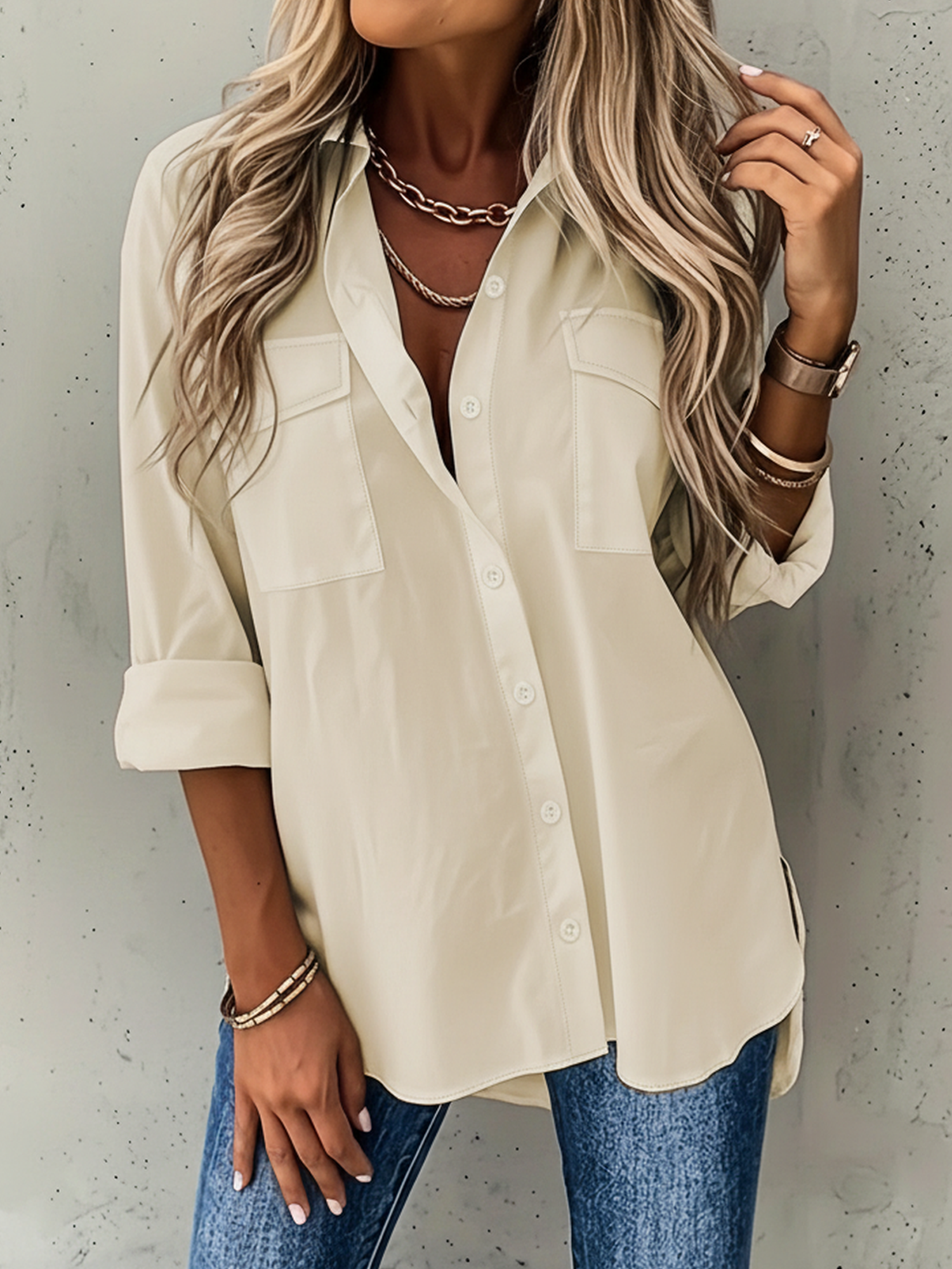 Versatile Long Sleeve Collared Pockets Side Slit Shirt Apricot/S
