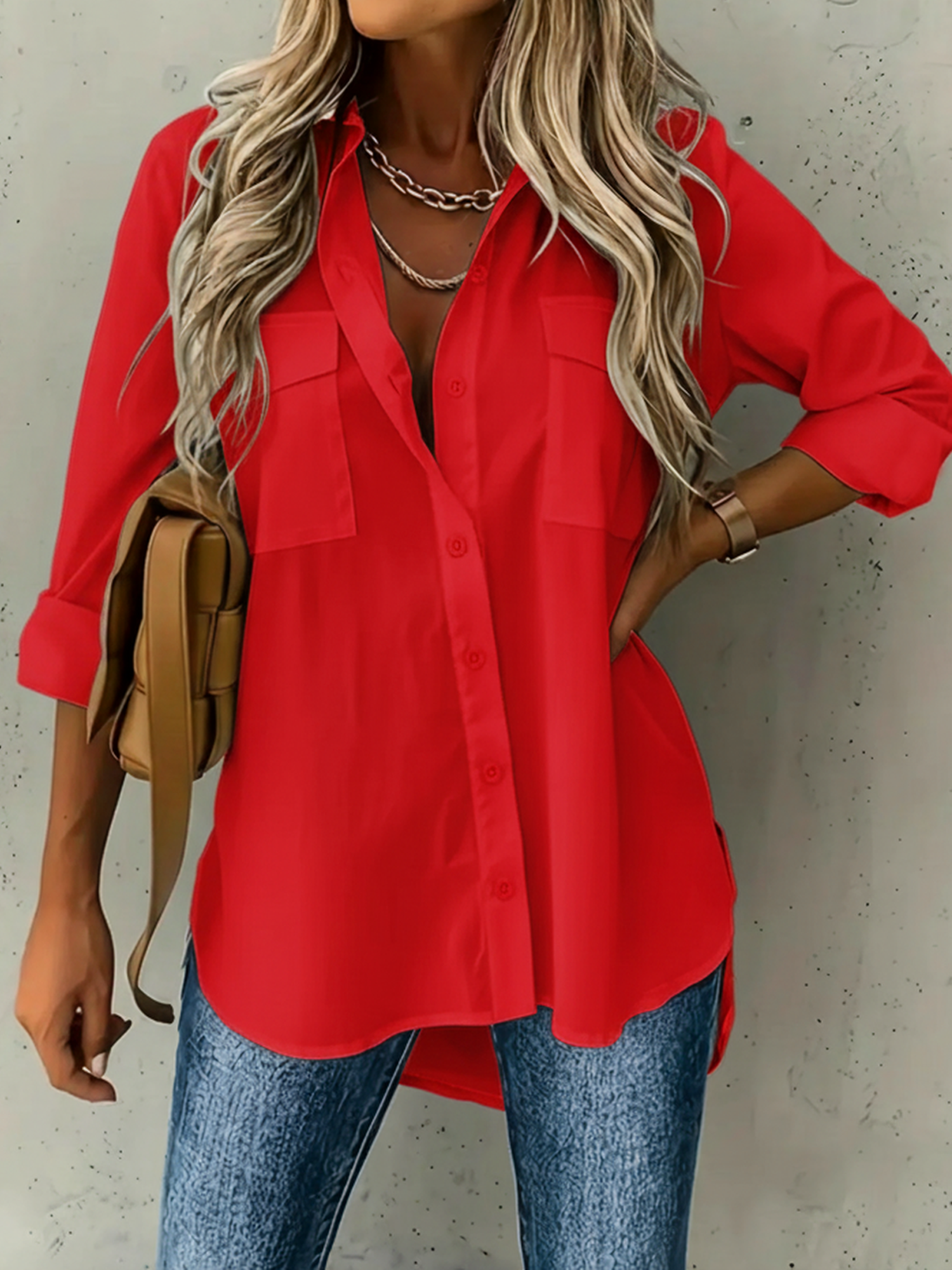 Versatile Long Sleeve Collared Pockets Side Slit Shirt Red/2XL
