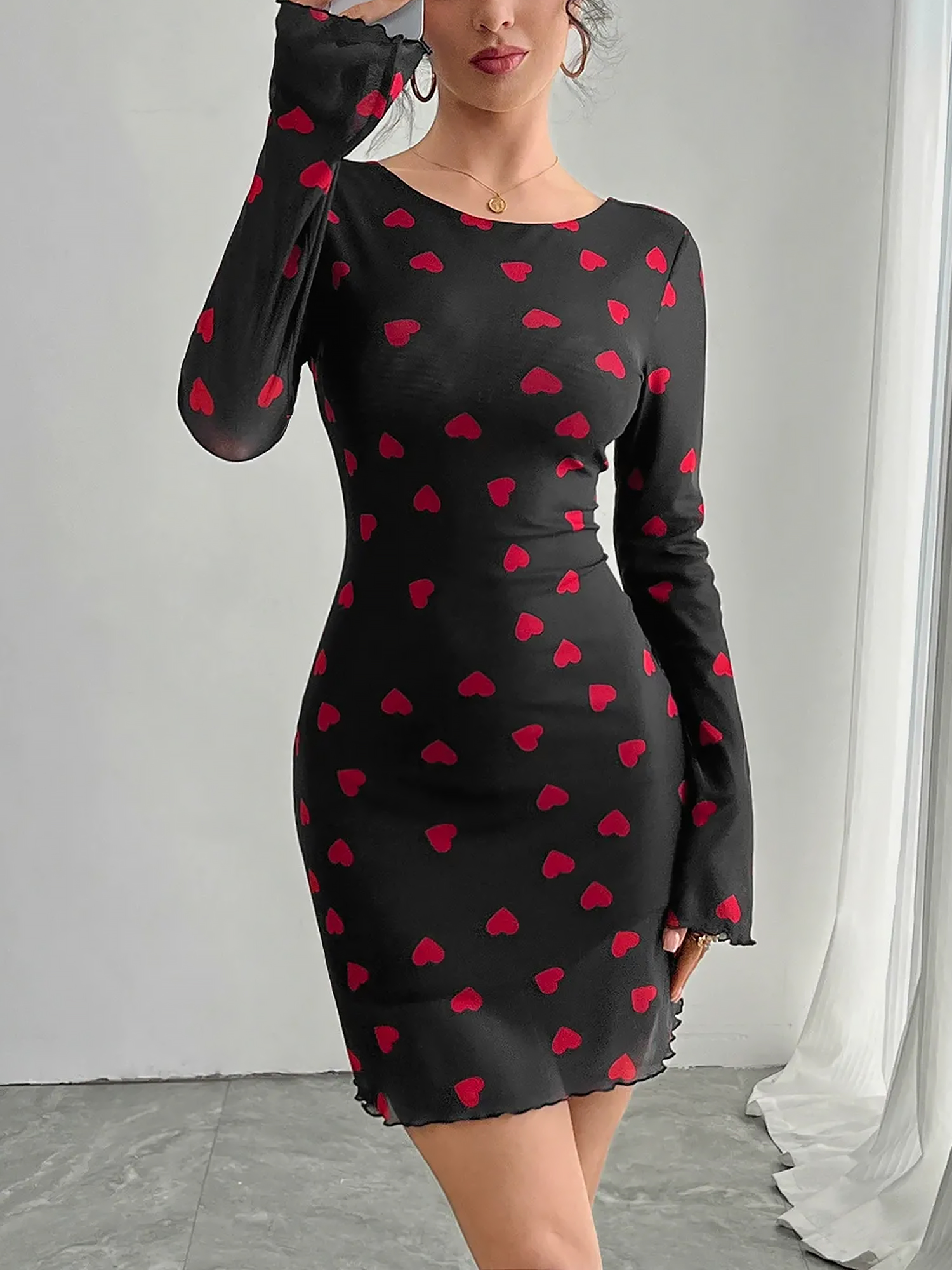 Heart Print Flared Sleeve Backless Mesh Bodycon Dress Black/L