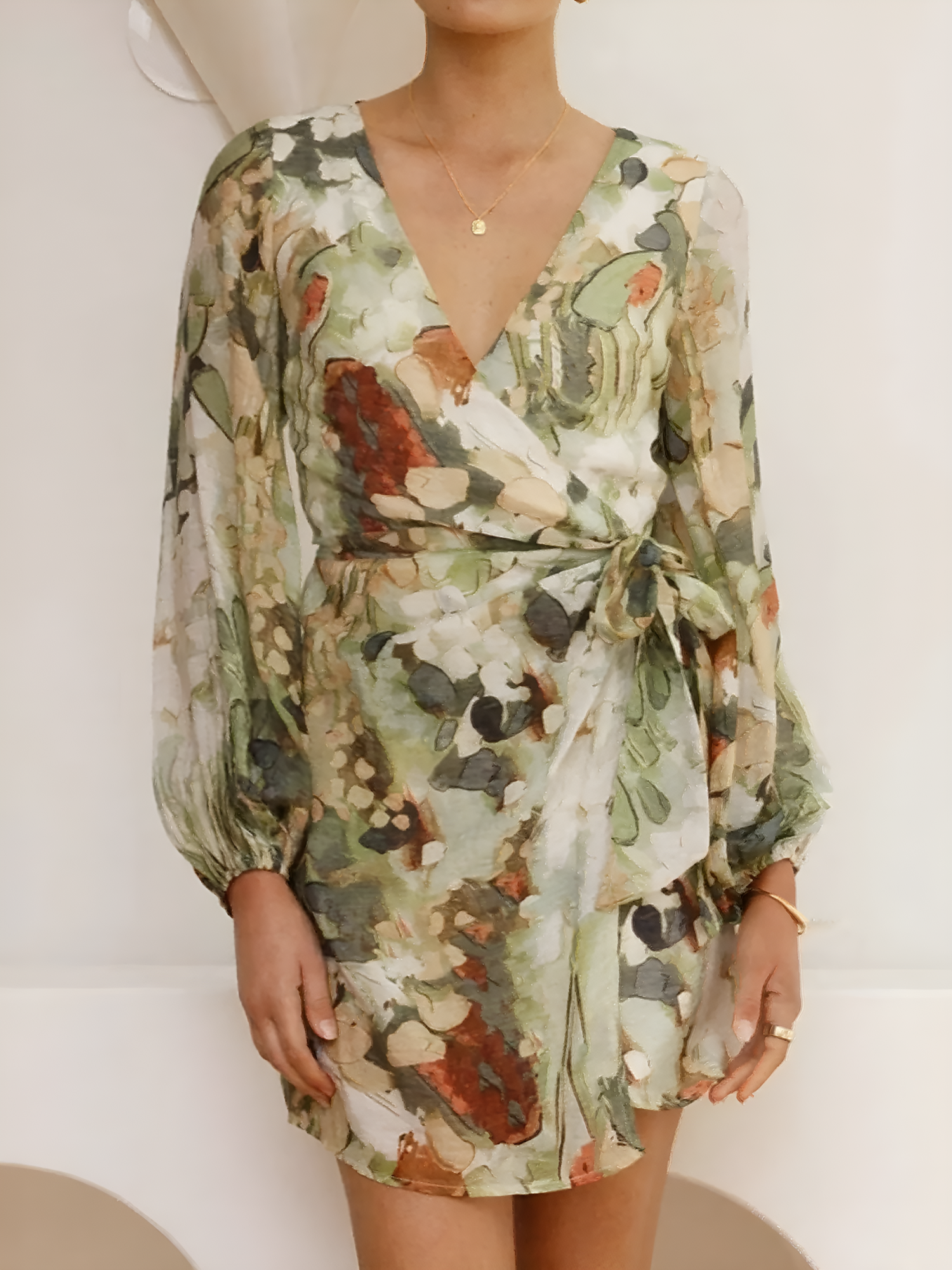 V Neck Puff Sleeve Printed Casual Mini Wrap Dress Green/M