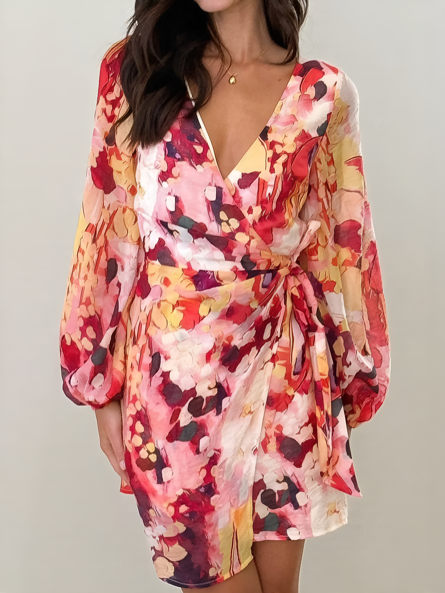 V Neck Puff Sleeve Printed Casual Mini Wrap Dress Orange/M