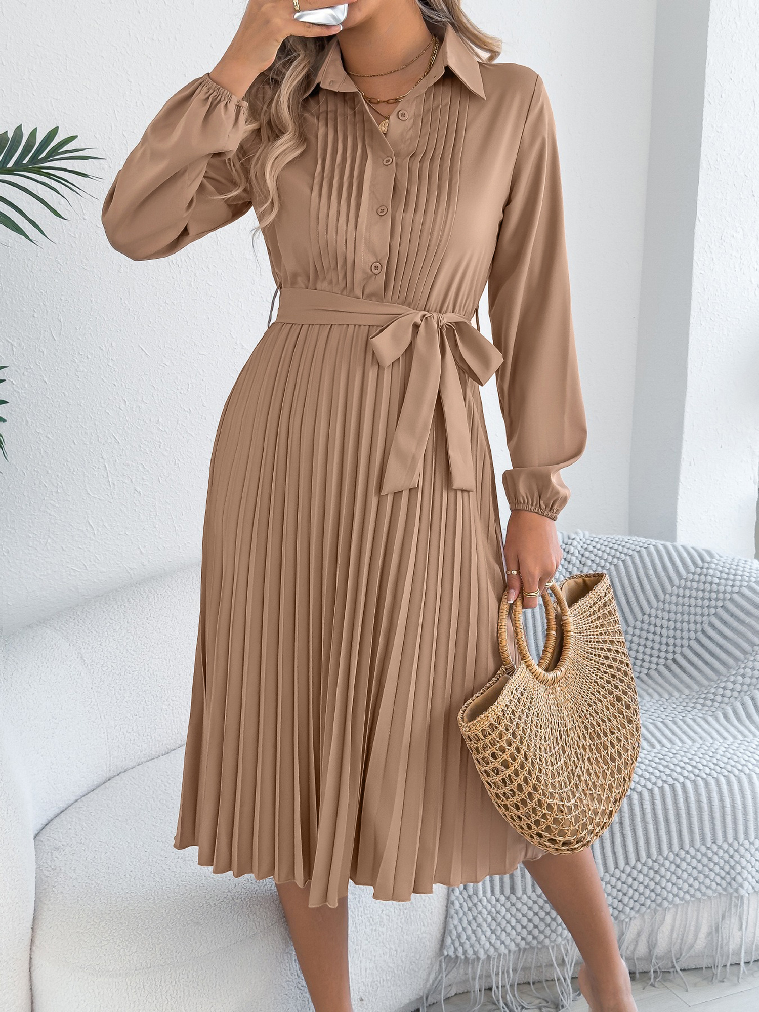 Collared Long Sleeve Belted Pleated Midi Shirt Dress Khaki/S
