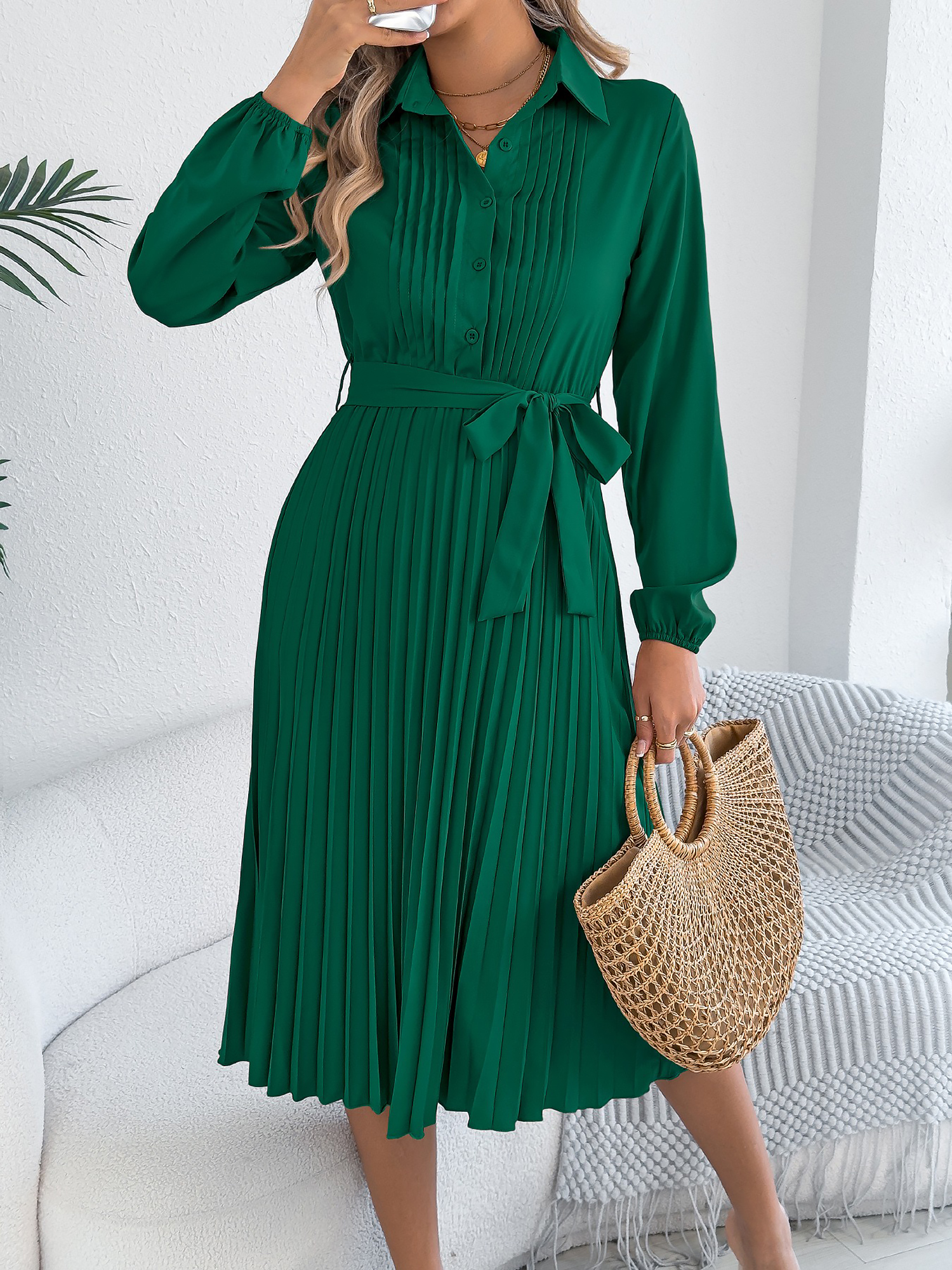 Collared Long Sleeve Belted Pleated Midi Shirt Dress Green/S