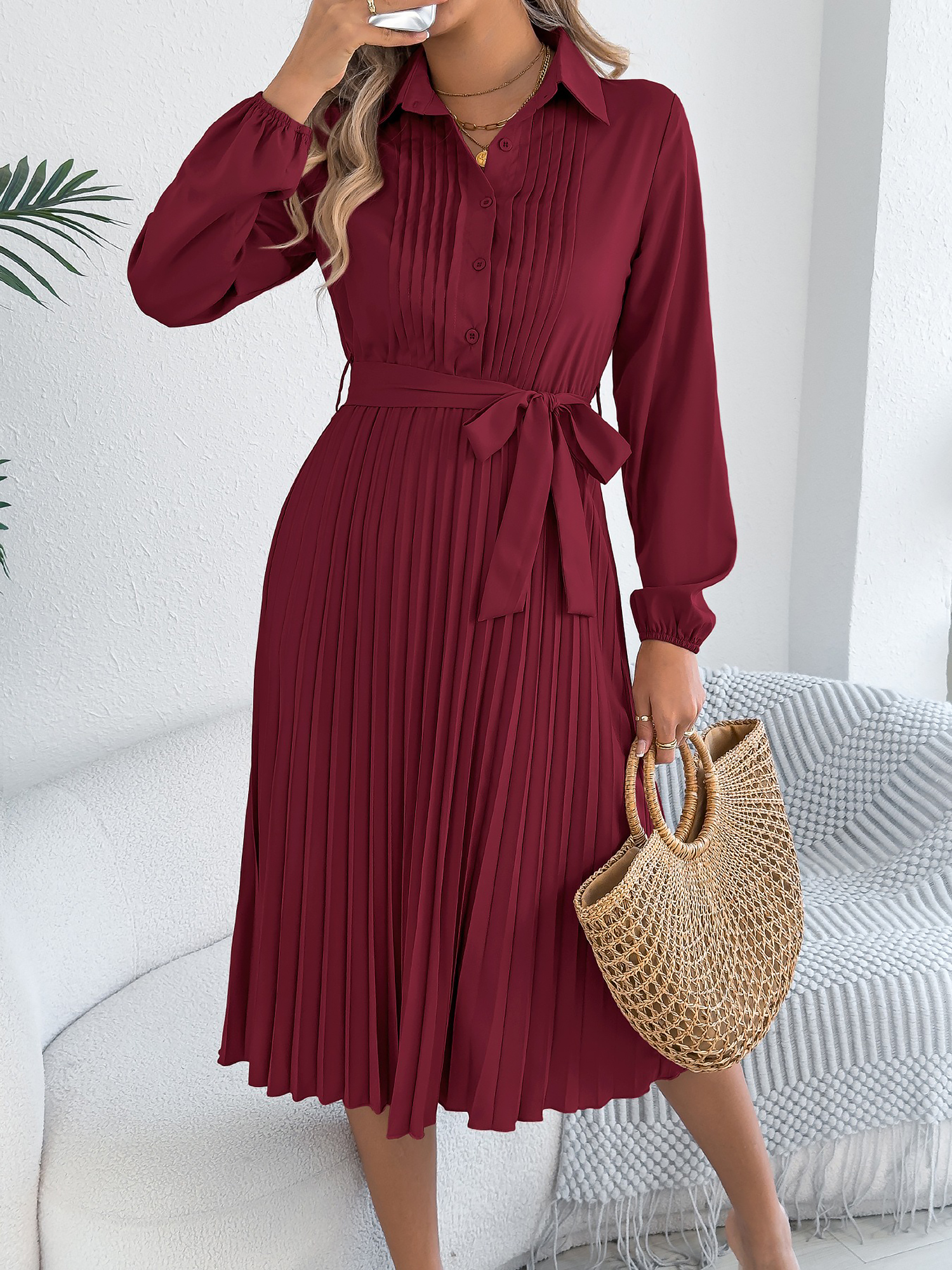 Collared Long Sleeve Belted Pleated Midi Shirt Dress Burgundy/XS
