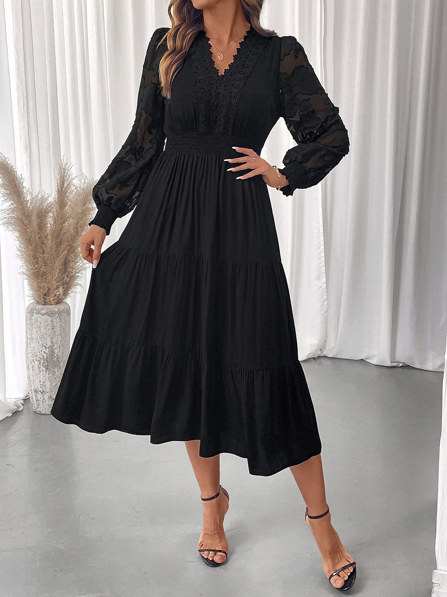 Lace V Neck Puff Sleeves Tiered Midi Dress Black/S