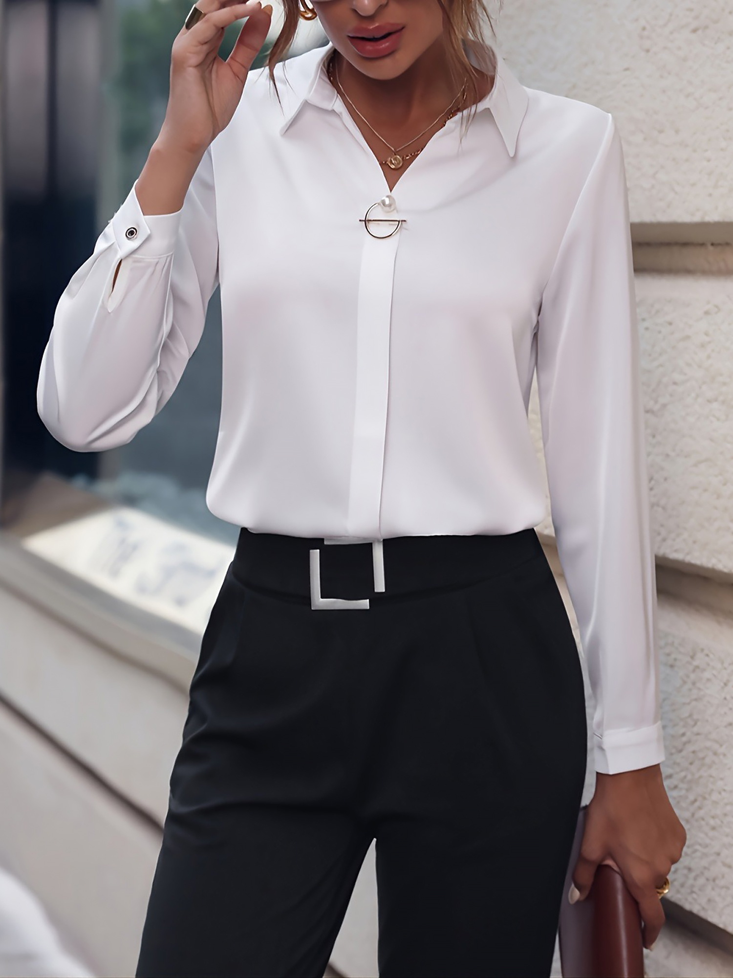 Versatile Solid Color Long Sleeve Button Down Shirt White/M
