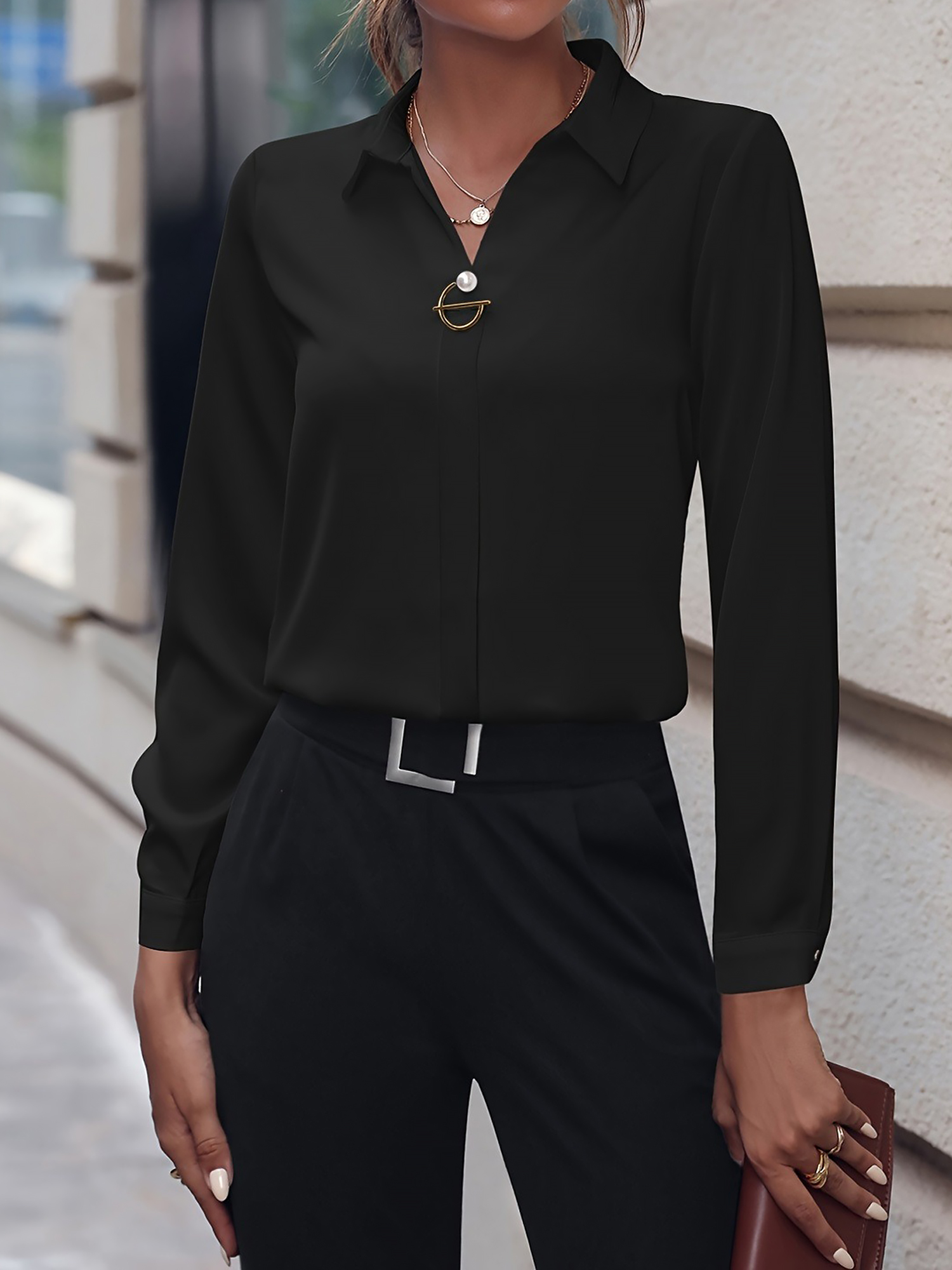 Versatile Solid Color Long Sleeve Button Down Shirt Black/S