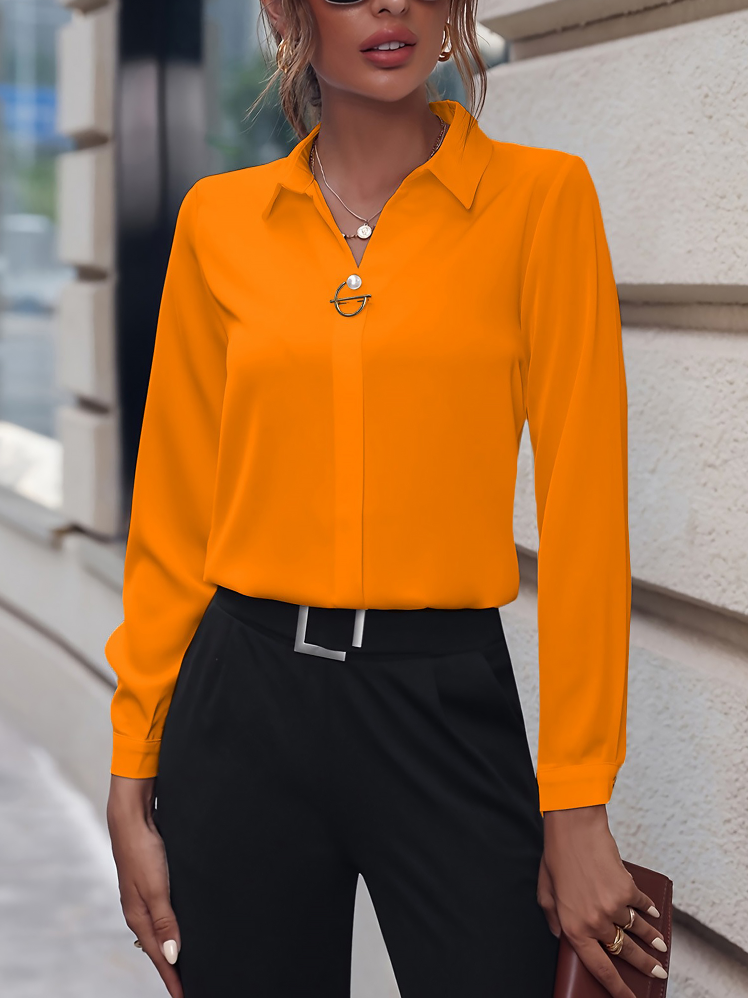 Versatile Solid Color Long Sleeve Button Down Shirt Orange/M