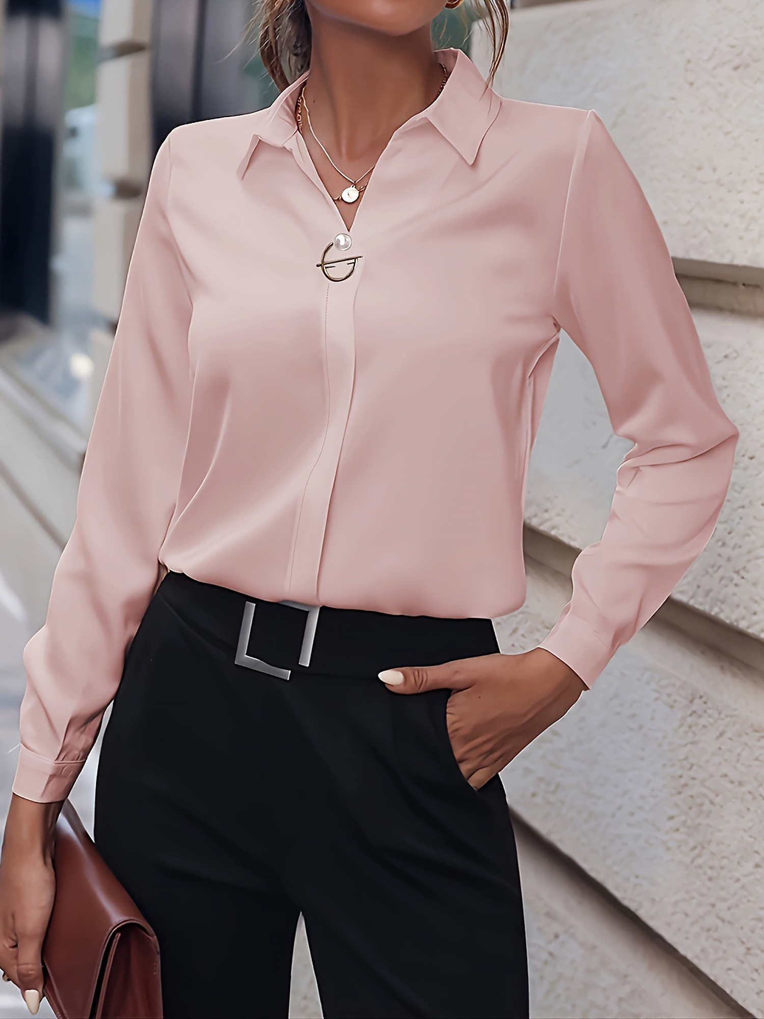 Versatile Solid Color Long Sleeve Button Down Shirt Pink/L