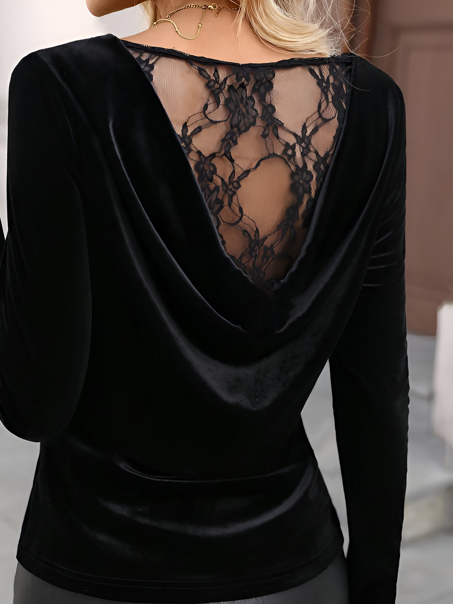 Velvet Cowl Neck Lace Back Long Sleeves Blouse Black/M