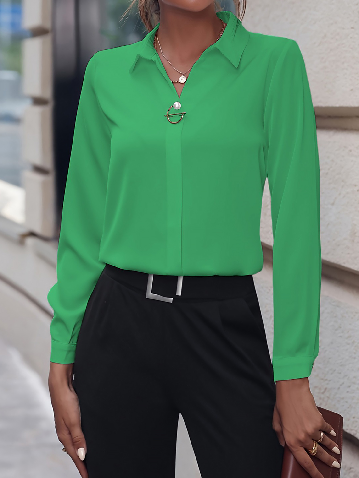 Versatile Solid Color Long Sleeve Button Down Shirt Green/M
