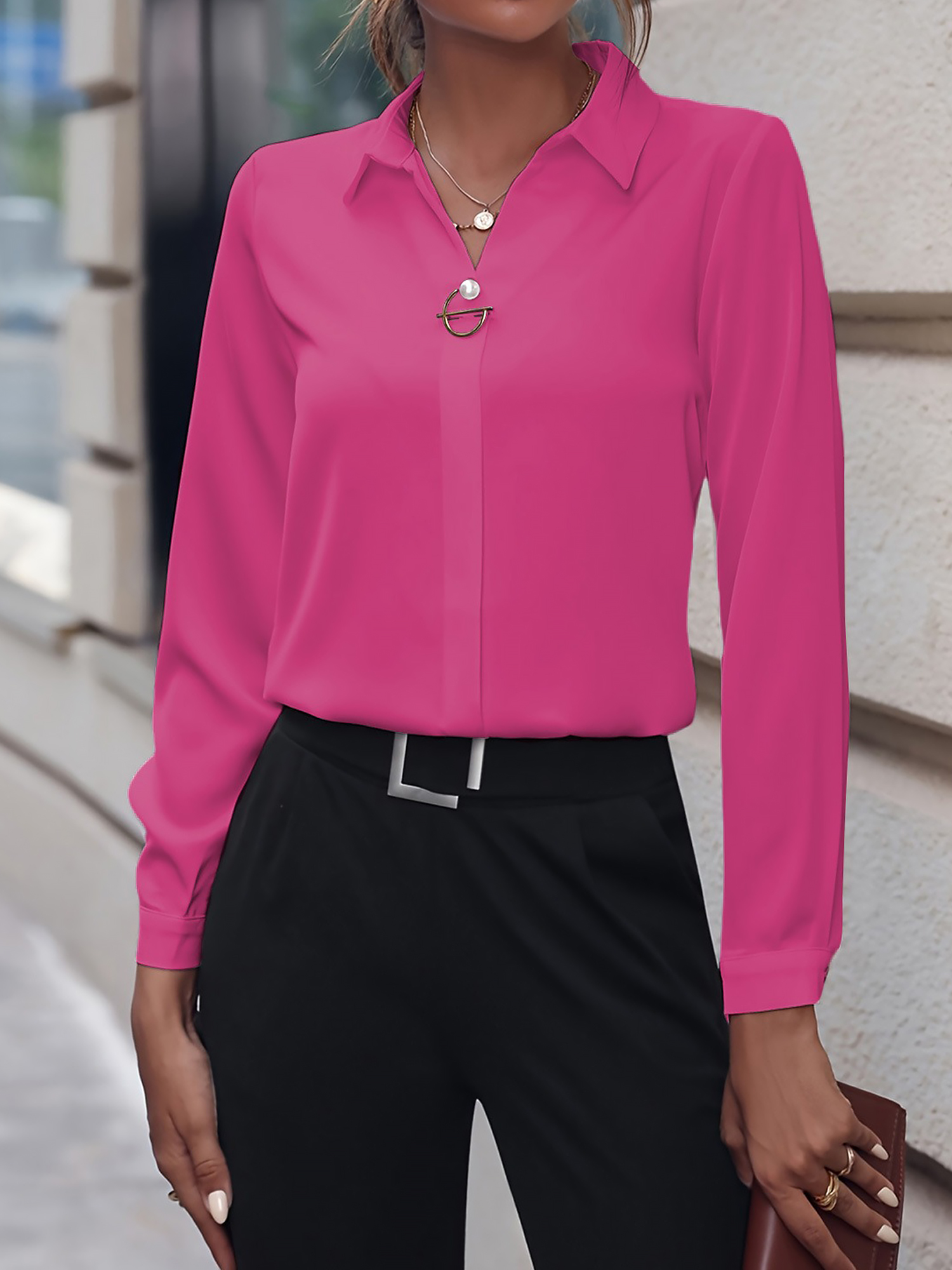 Versatile Solid Color Long Sleeve Button Down Shirt Rose Red/XL