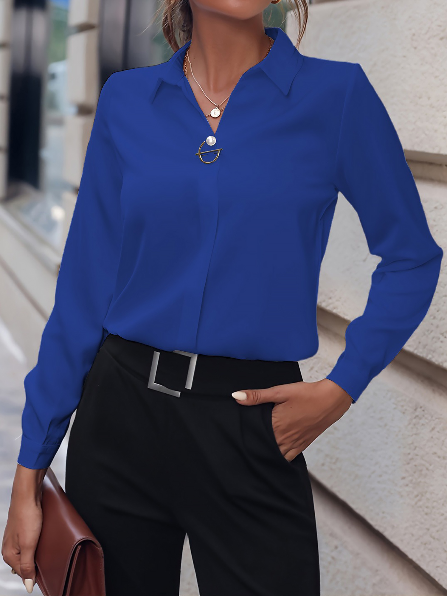 Versatile Solid Color Long Sleeve Button Down Shirt Dark Blue/M