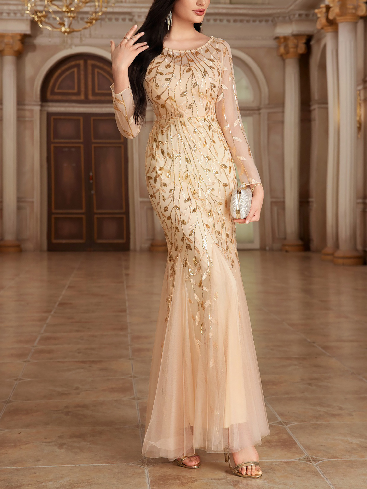 Sequin Embroidered Long Sleeve Round Neck Fishtail Dress Evening Gown Gold/S