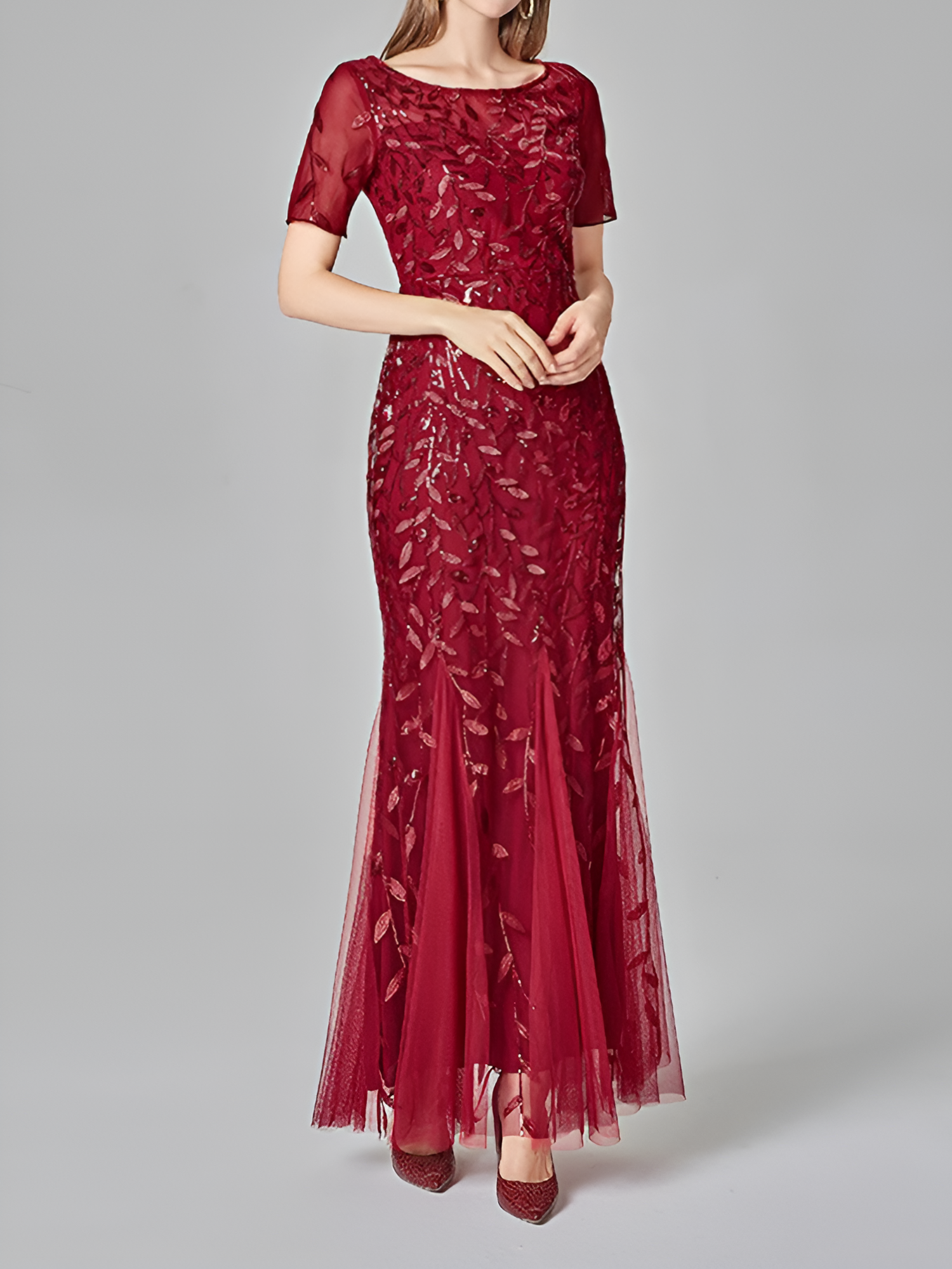 Mesh Embroidered Sequin Evening Gown Fishtail Dress Burgundy/L