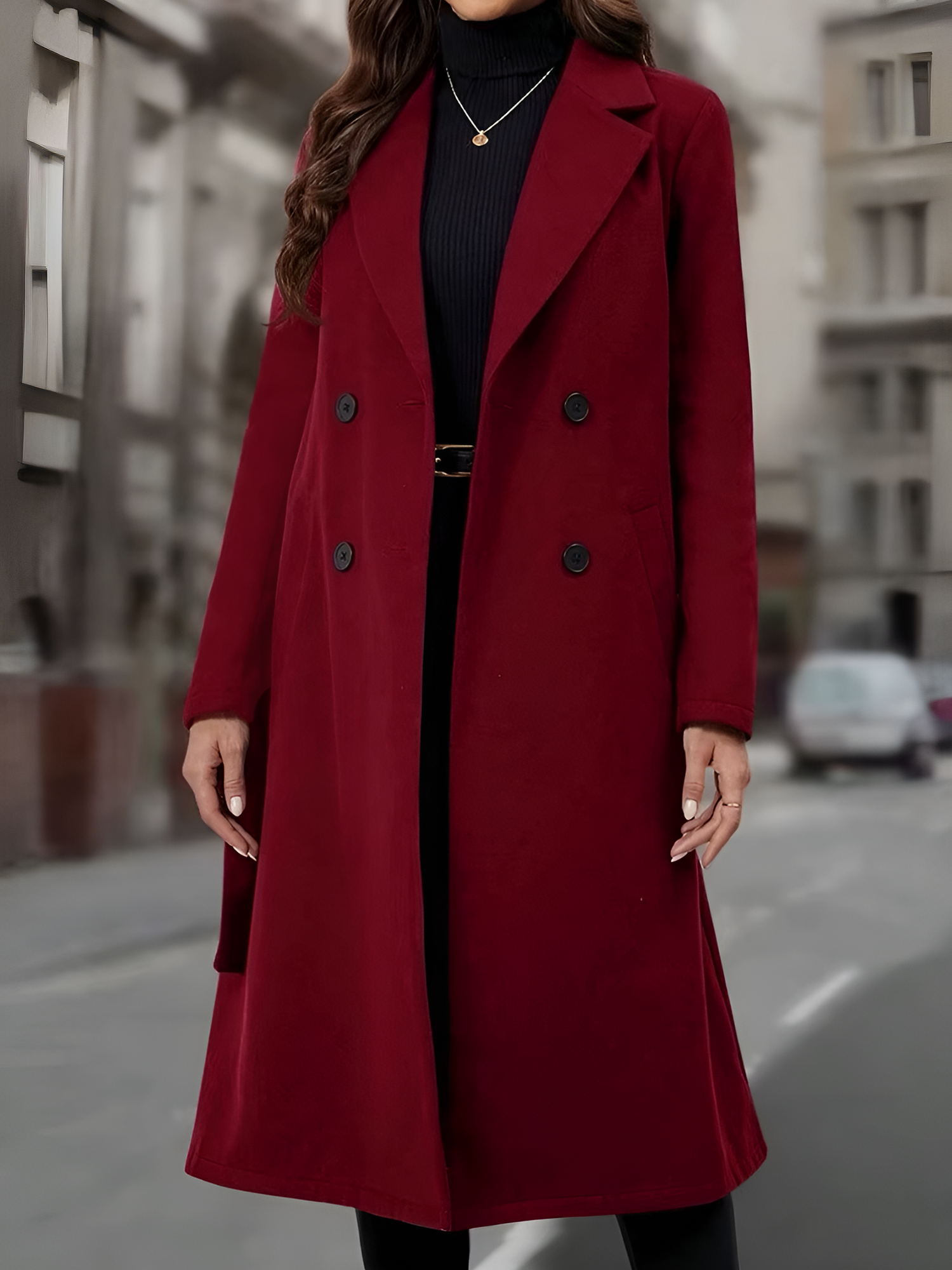 Double-Breasted Belted Fully Lined Mid-Length Coat Red/L