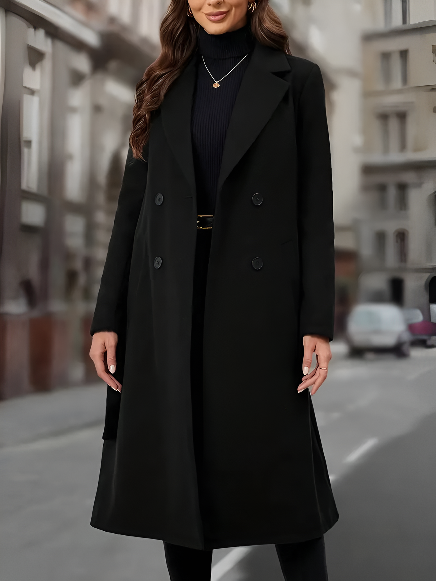Double-Breasted Belted Fully Lined Mid-Length Coat Black/XL