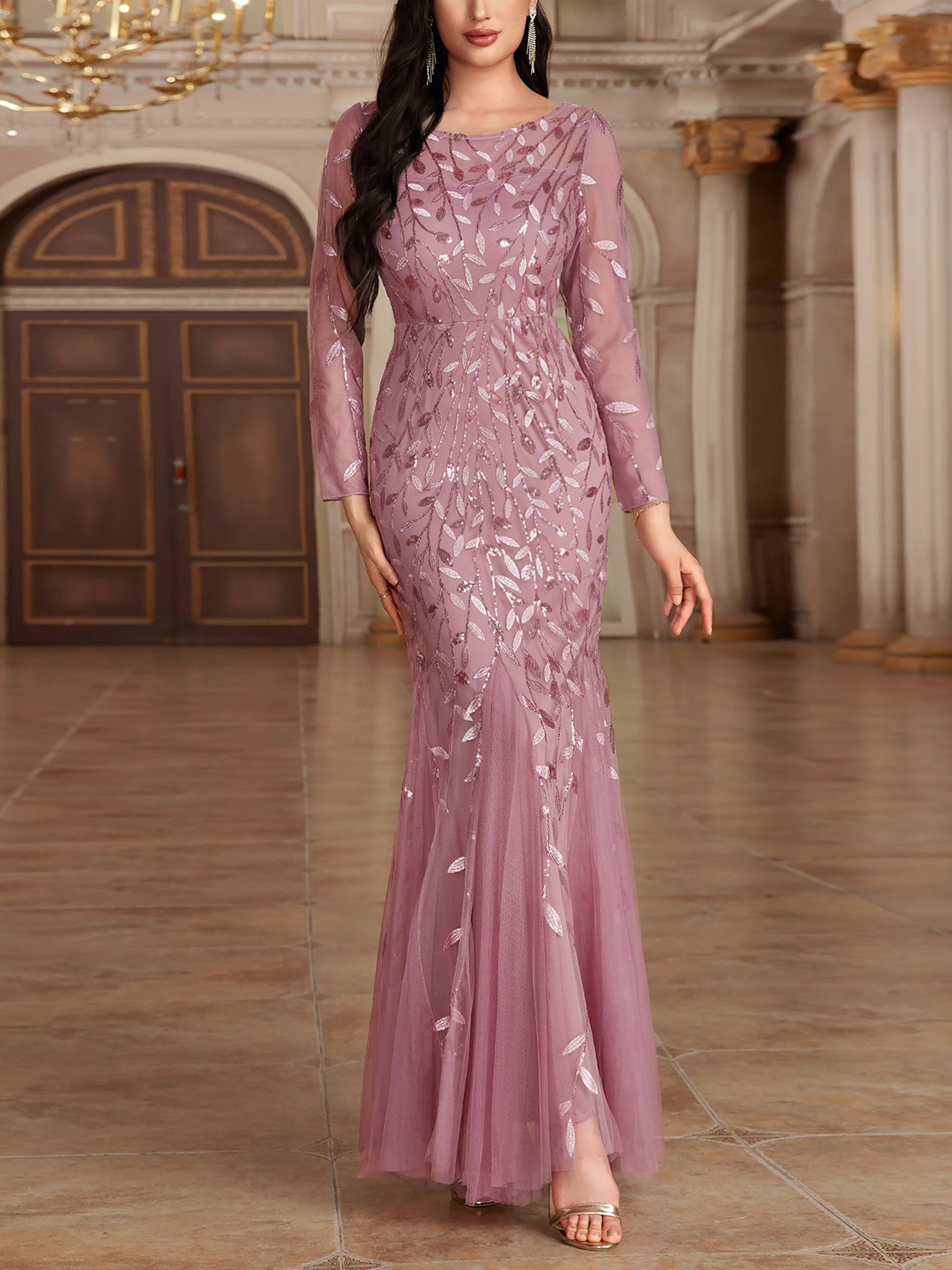 Sequin Embroidered Long Sleeve Round Neck Fishtail Dress Evening Gown Pink/M