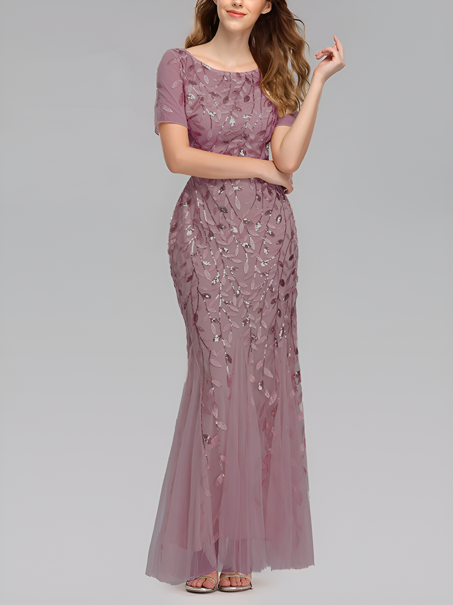 Mesh Embroidered Sequin Evening Gown Fishtail Dress Pink/M
