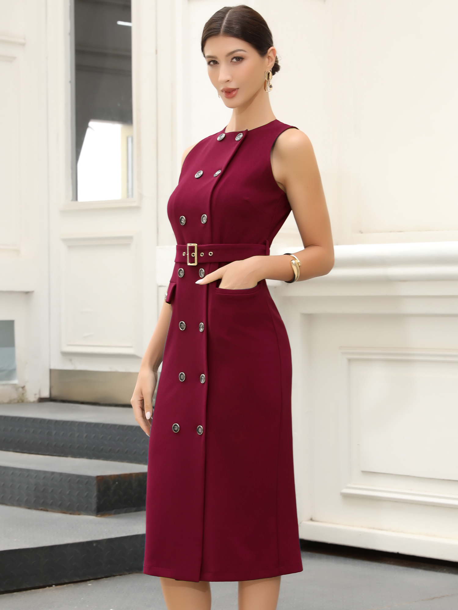 Double Breasted Pocketed Sleeveless Belted Sheath Dress Burgundy/S