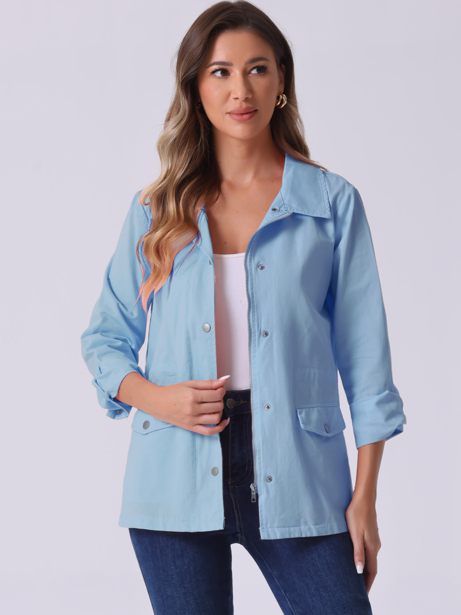 Drawstring Waist Flap Pocket Lightweight Utility Safari Jacket Light Grey Blue/XL