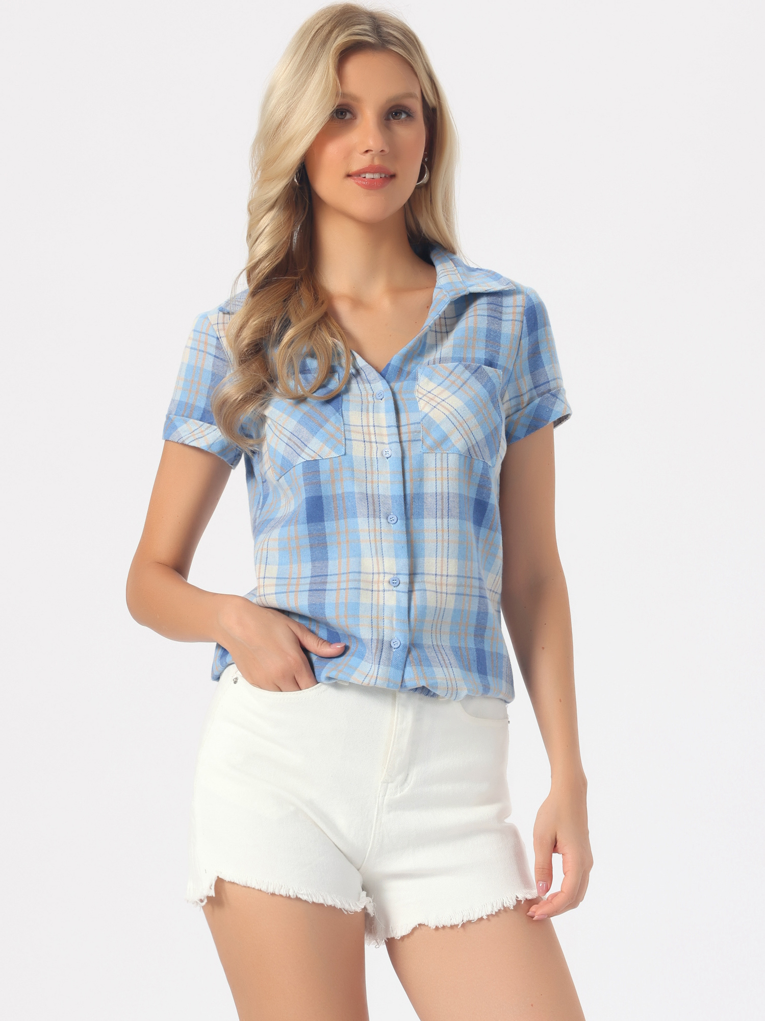 Allegra – Button Down Cotton Classic Western Plaid Shirt Light Blue Yellow/S