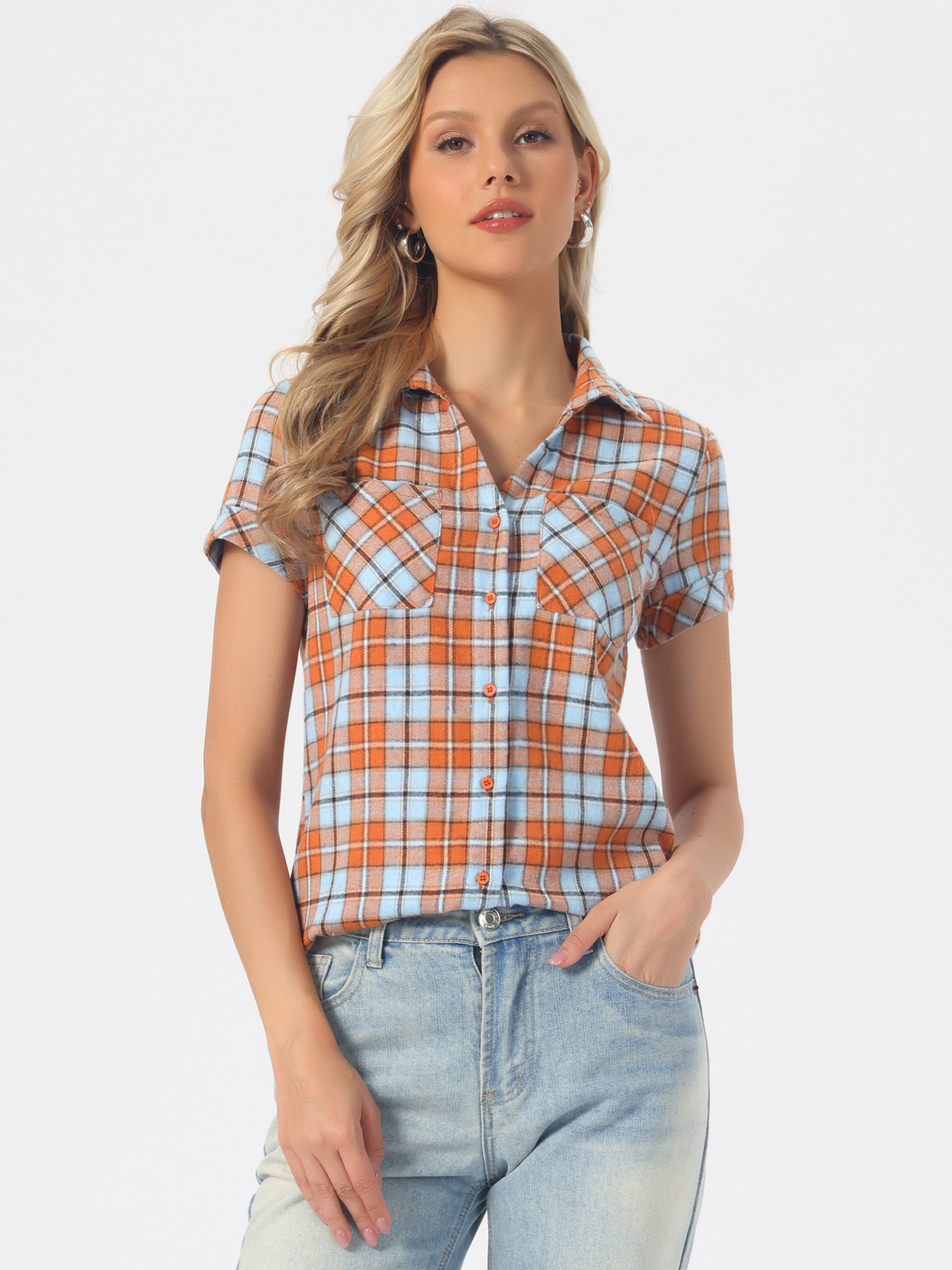 Button Down Cotton Classic Western Plaid Shirt Blue Orange/M