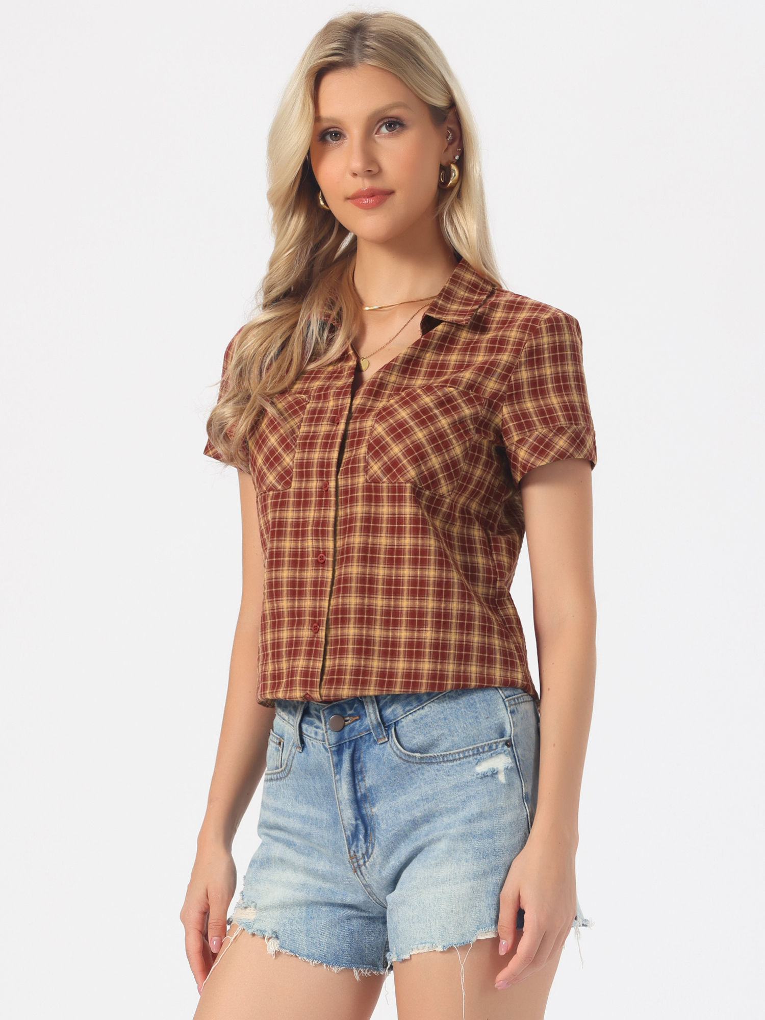 Cotton Classic Button Down Plaid Short Sleeve Shirt Red Yellow 2/L