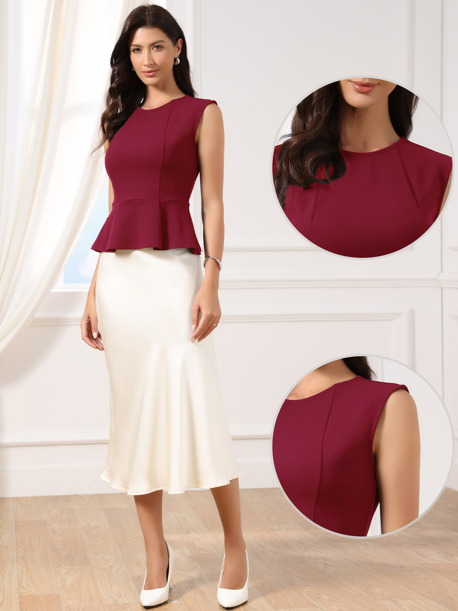 Allegra – Sleeveless Crew Neck Flared Hem Work Office Peplum Blouse Burgundy/S