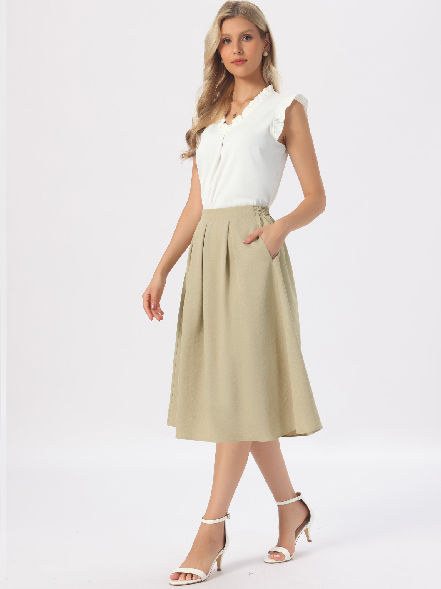 Pleated High Waisted Vintage A-Line Business Midi Skirts Khaki/XS