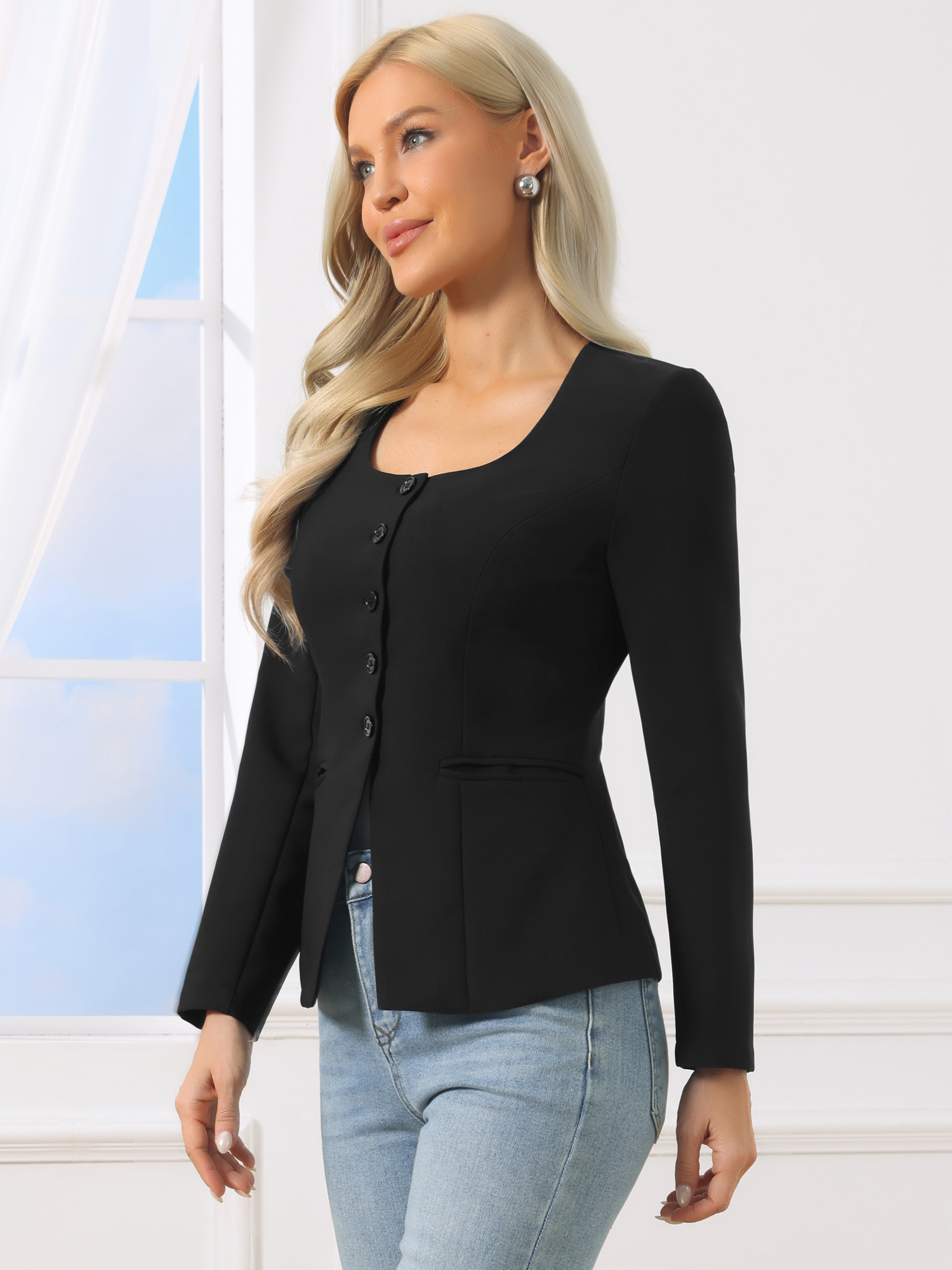 Button Down Scoop Neck Long Sleeve Jackets with Pockets Black/XL