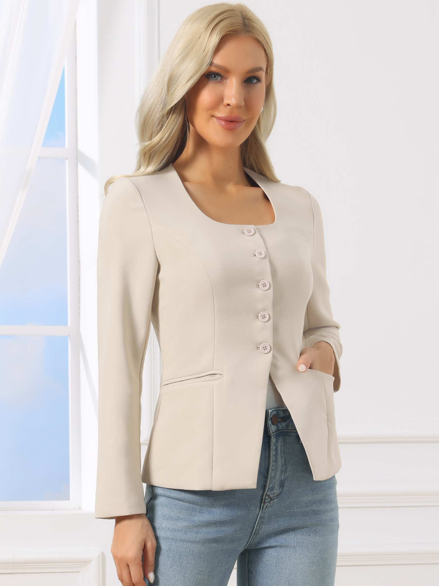 Button Down Scoop Neck Long Sleeve Jackets with Pockets Apricot/XS