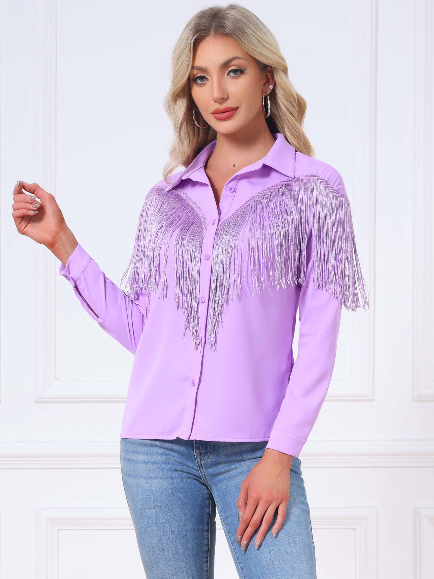 Glitter Fringe Long Sleeve Button Down Disco Party Cowgirl Blouse Light Purple/S