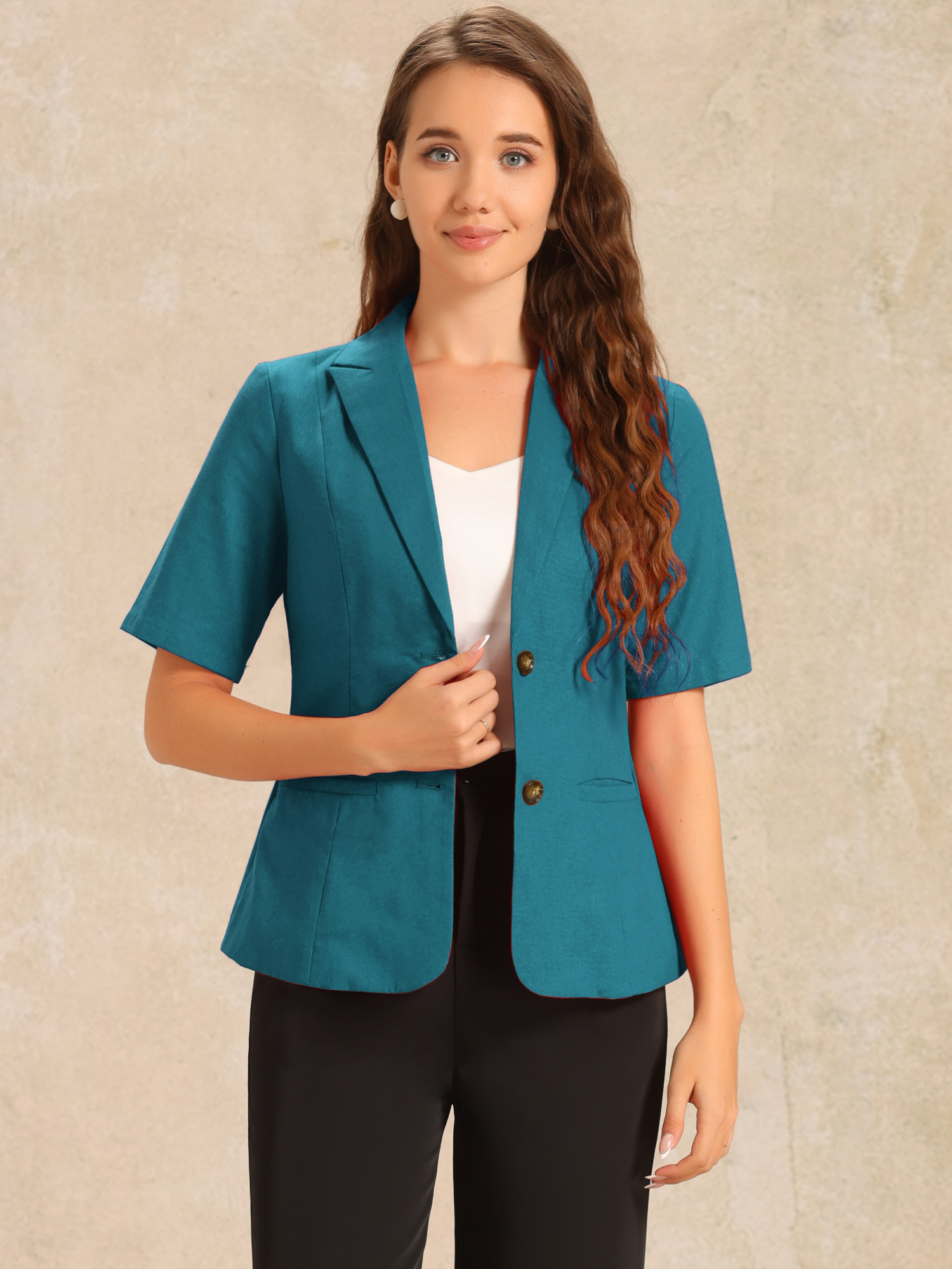 Cotton Linen Office Business Short Sleeve Notched Lapel Blazer Jacket Peacock Blue/L
