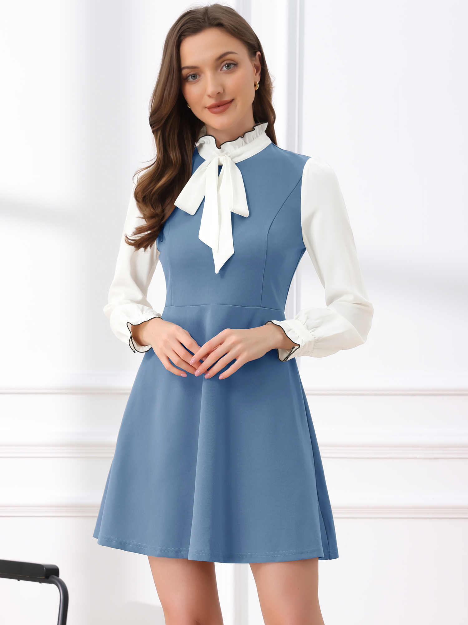 Patchwork Contrast Color Long Sleeve Tie Neck Mini Dress Blue Gray/L