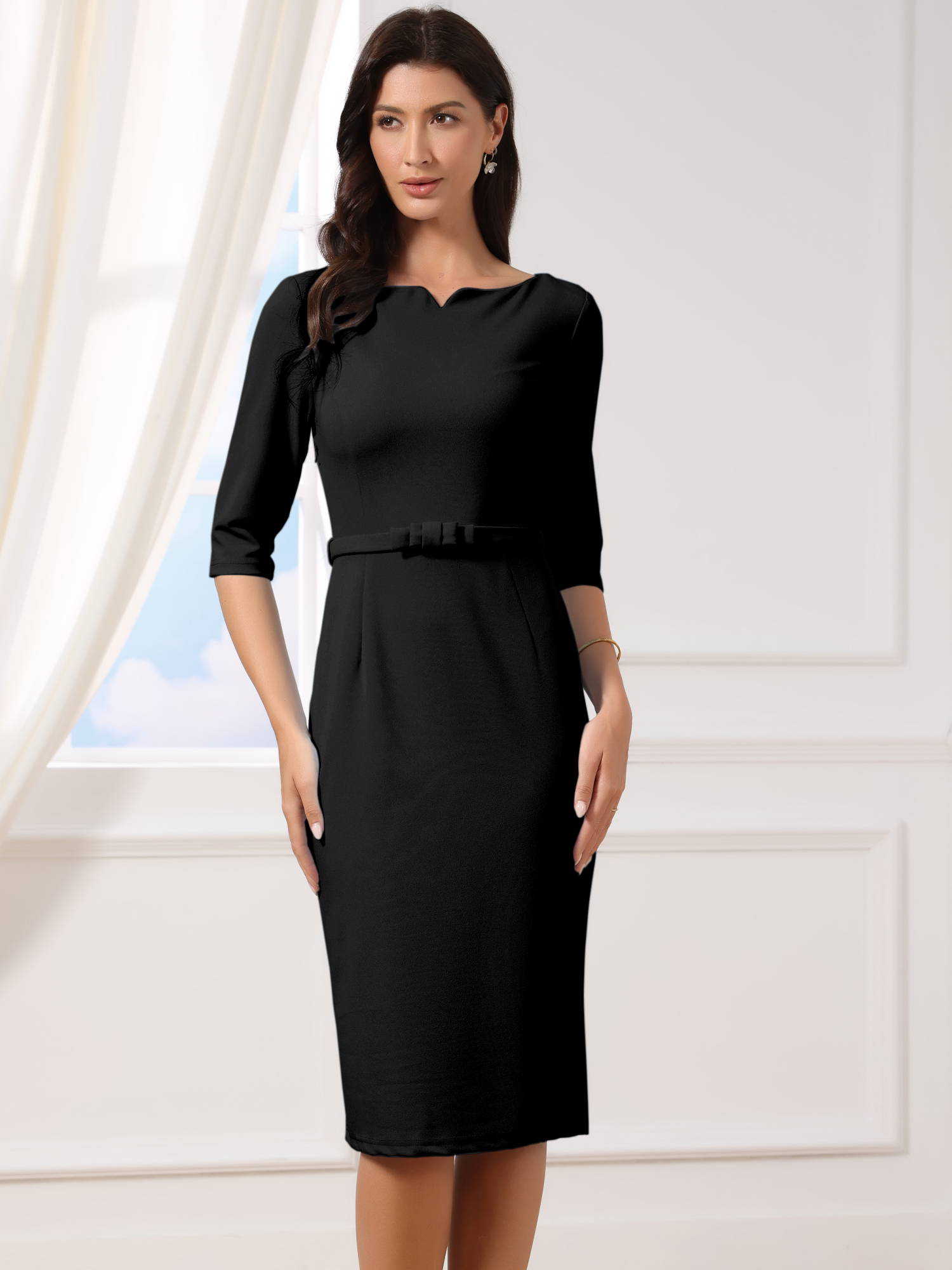 Allegra – 3/4 Sleeve Notch Neck Belted Formal Midi Work Dress Black/XL