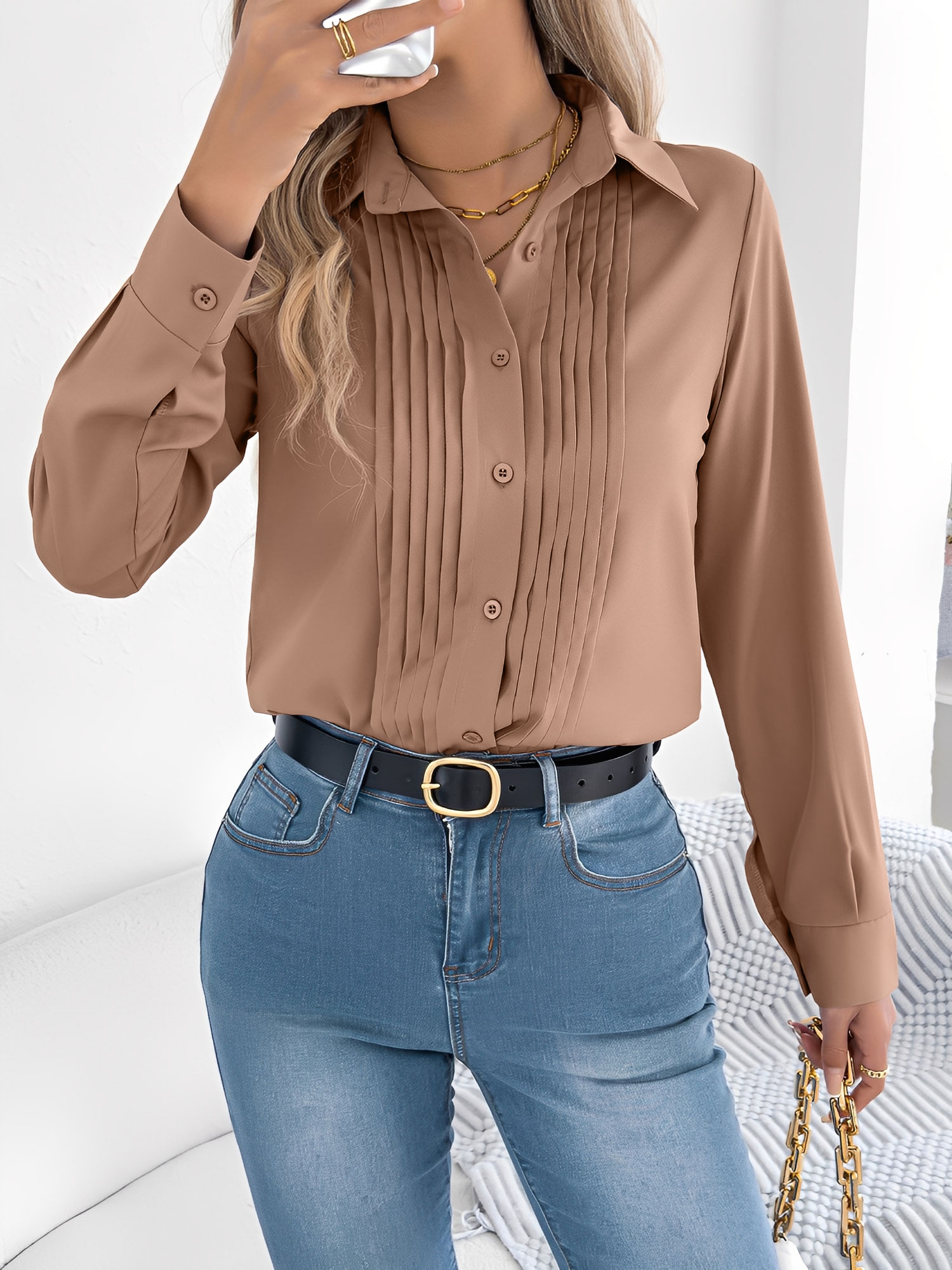 Pleated Solid Color Button Down Long Sleeve Shirt Khaki/S