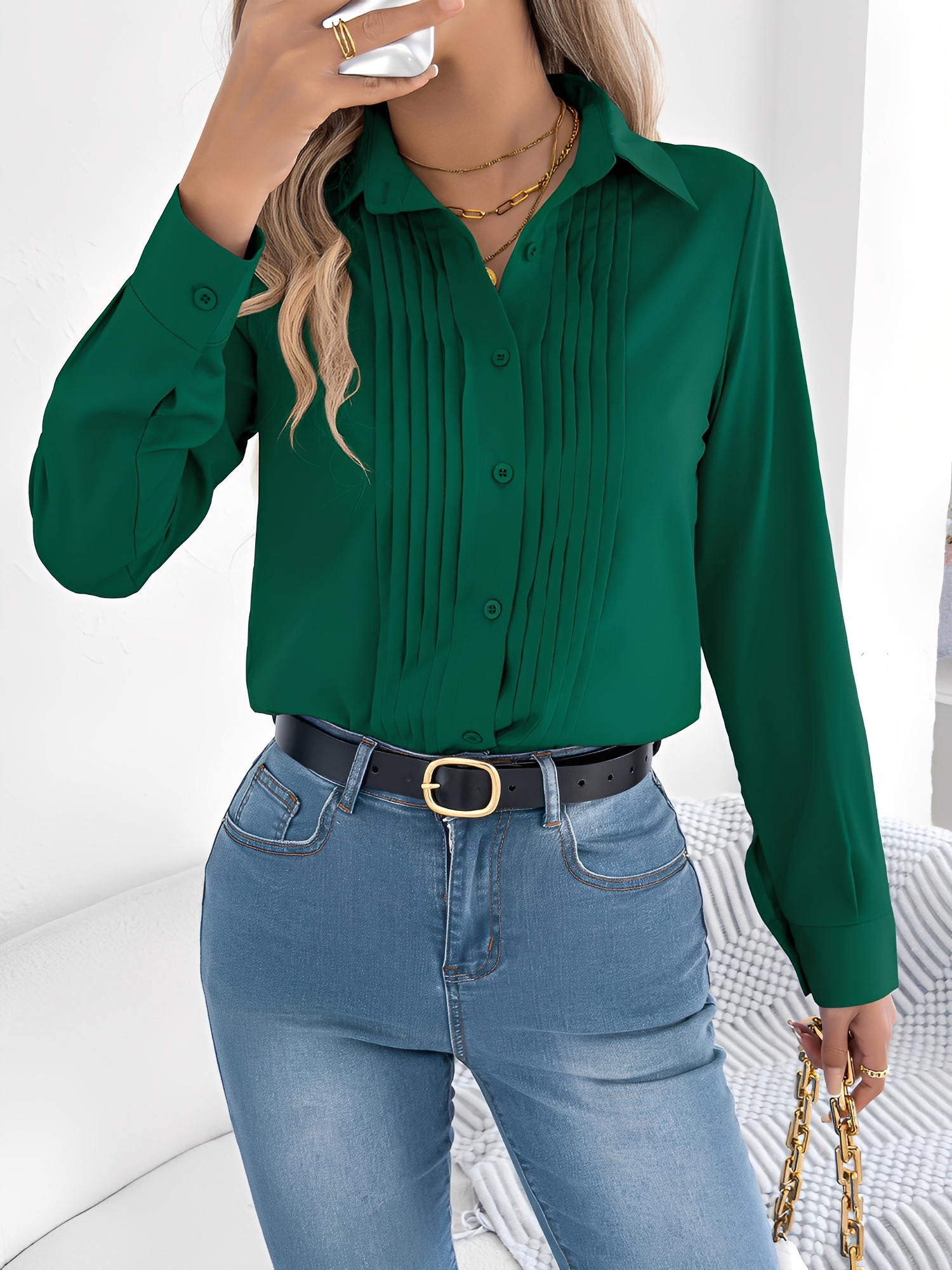 Pleated Solid Color Button Down Long Sleeve Shirt Green/S