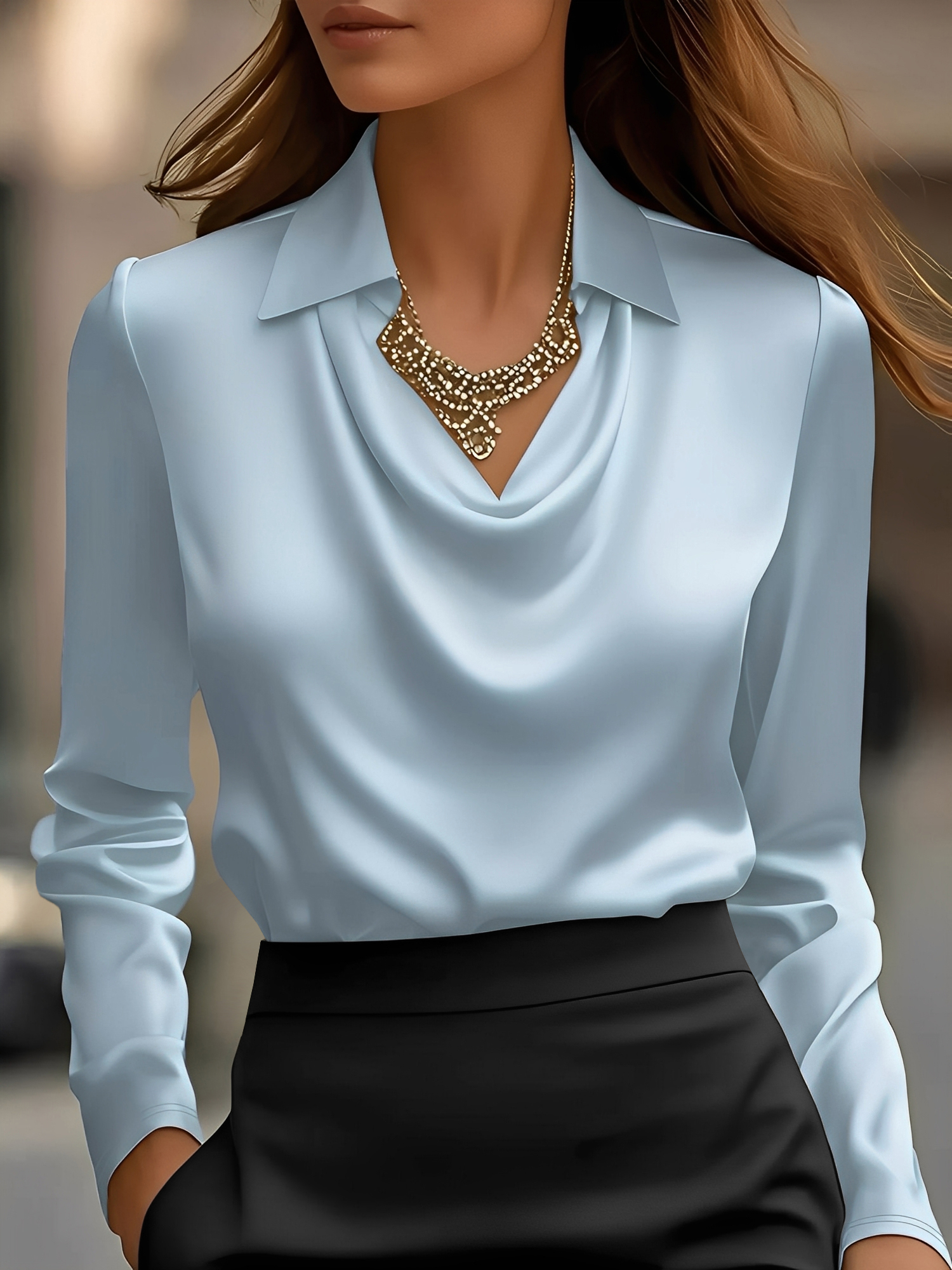 Collar Cowl Neck Long Sleeves Satin Blouse Blue/XS
