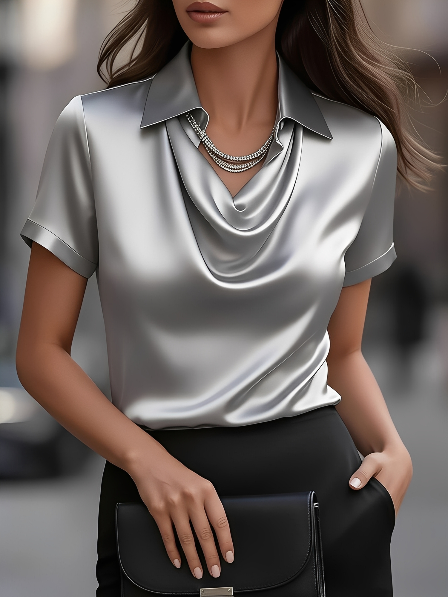 Collared Cowl Neck Short Sleeves Satin Blouse Gray/XS