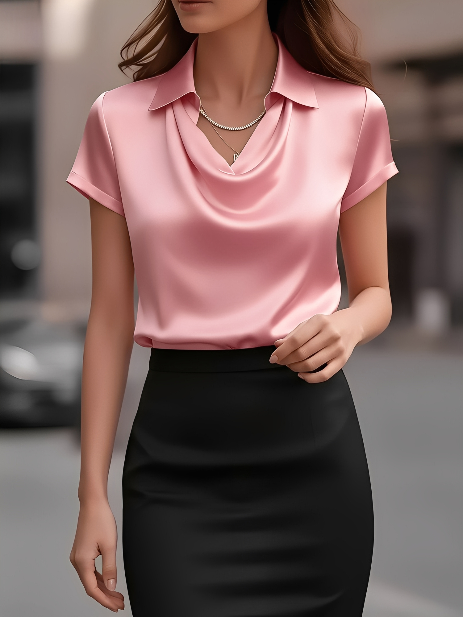 Collared Cowl Neck Short Sleeves Satin Blouse Pink/XS