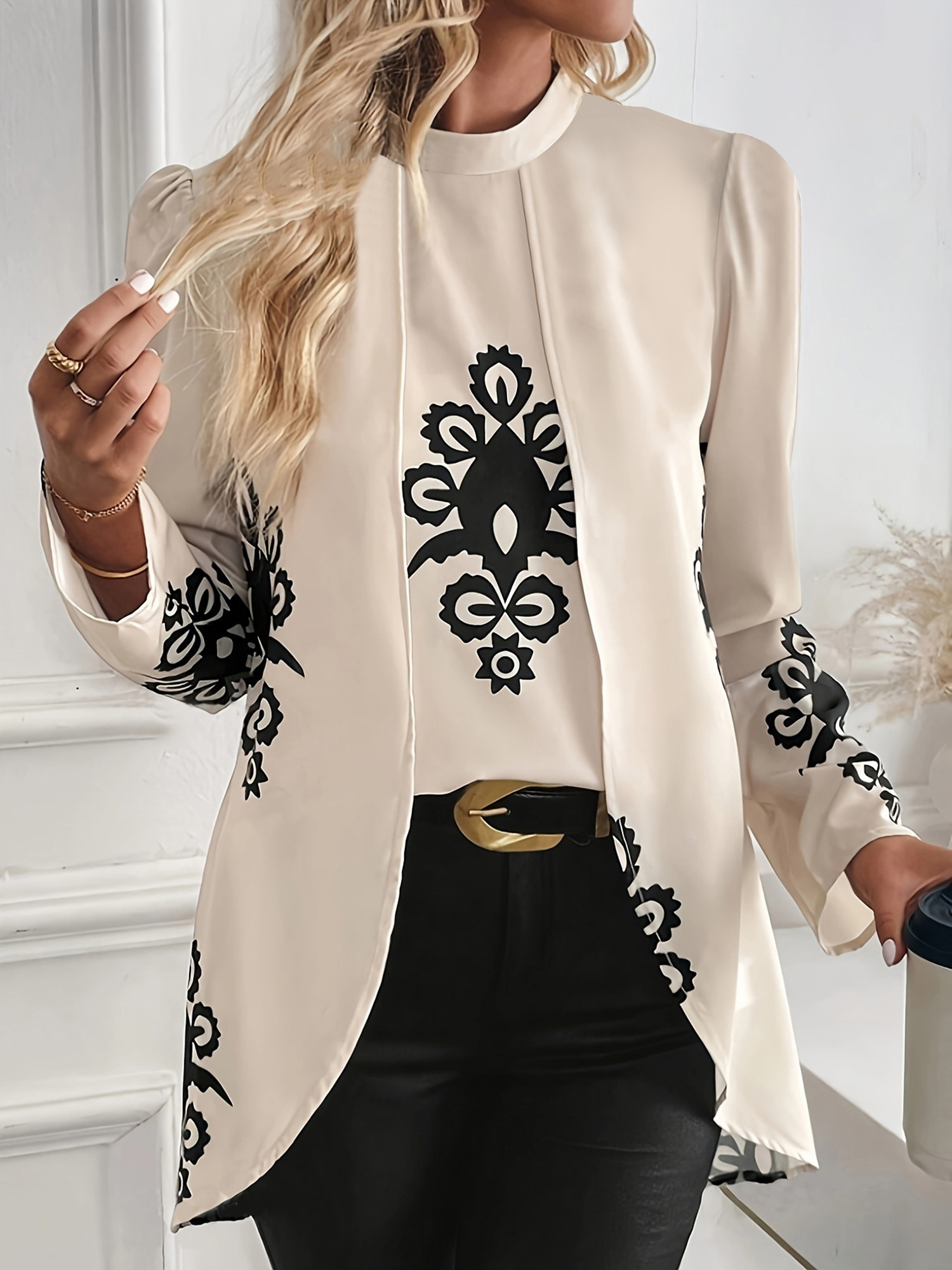 Boho Mock Neck Puff Long Sleeves Blouse Apricot/S