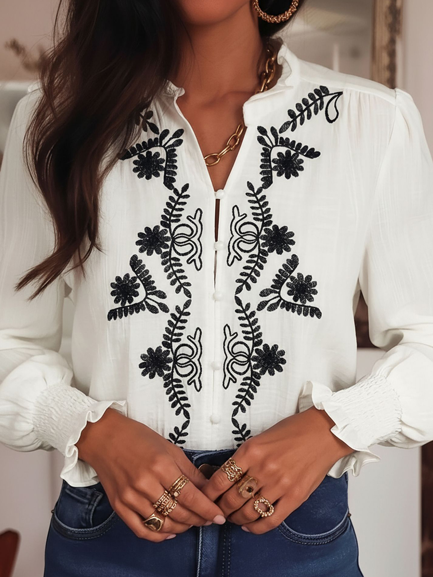 Floral Embroidered Boho Long Sleeve Blouse White/XL